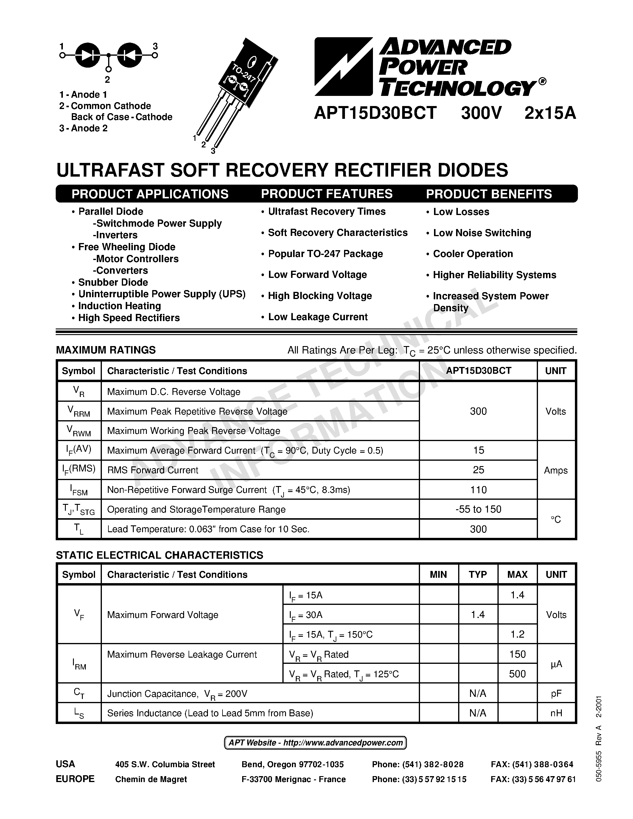 Datasheet APT15D30BCT - ULTRAFAST SOFT RECOVERY RECTIFIER DIODES page 1