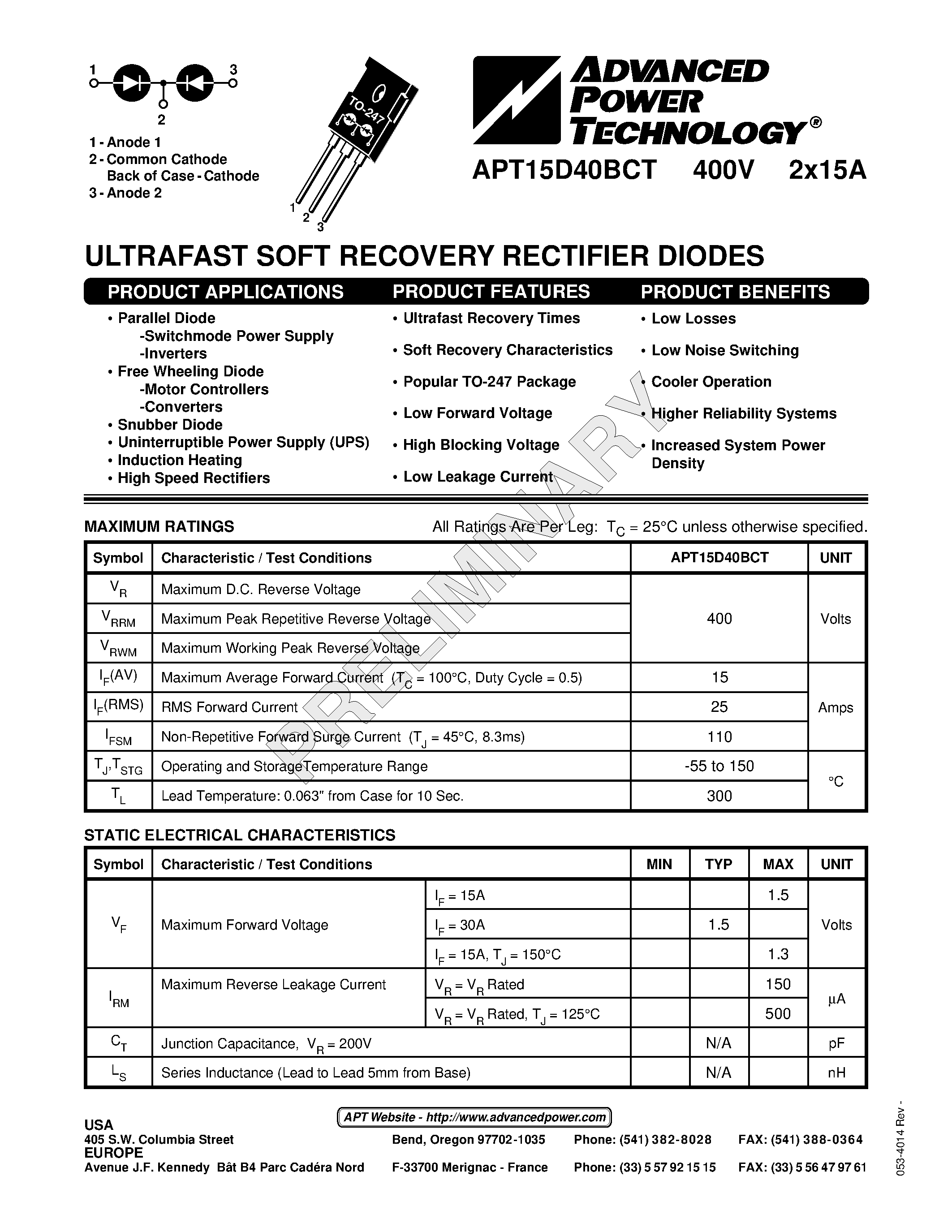 Datasheet APT15D40BCT - ULTRAFAST SOFT RECOVERY RECTIFIER DIODES page 1