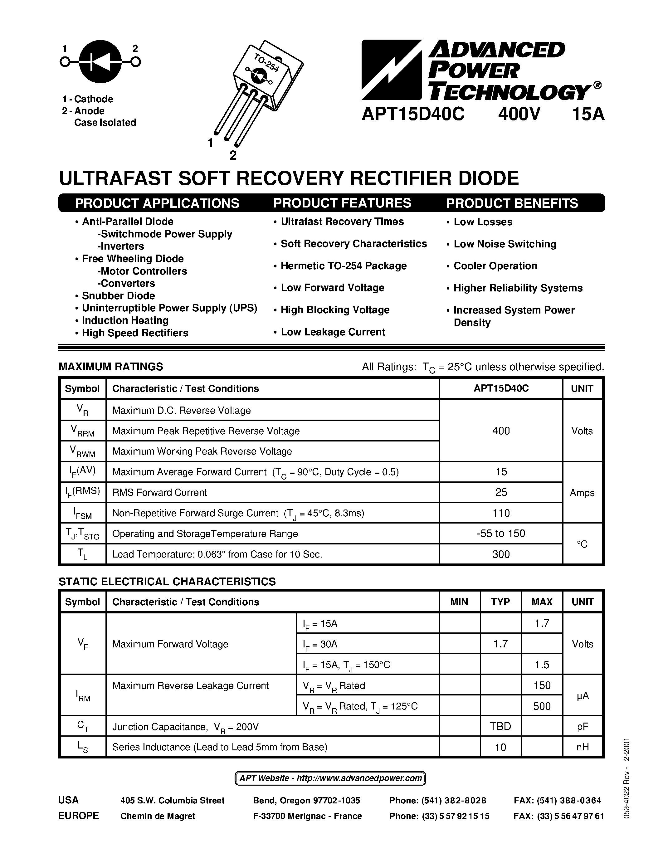 Datasheet APT15D40C - ULTRAFAST SOFT RECOVERY RECTIFIER DIODE page 1