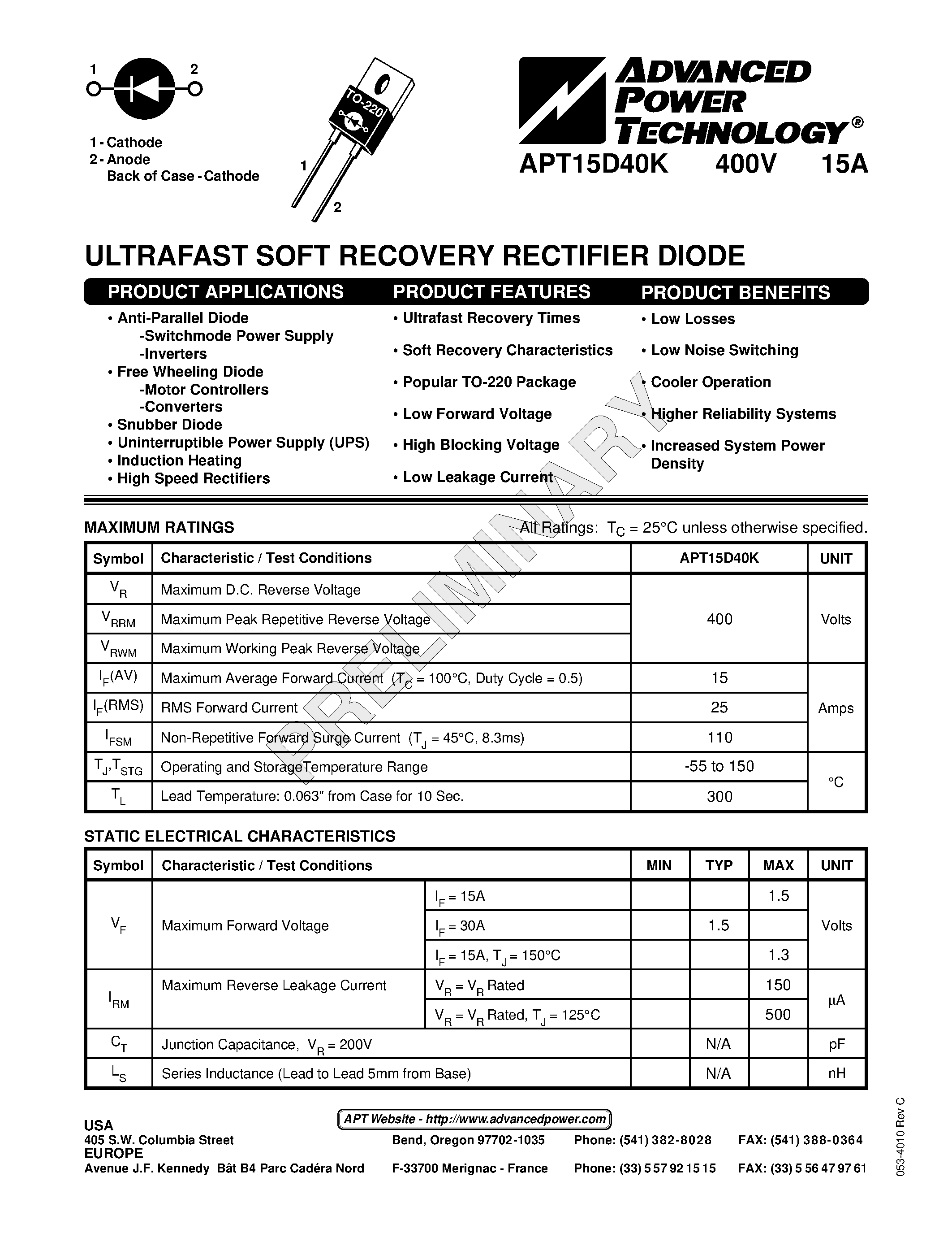 Datasheet APT15D40K - ULTRAFAST SOFT RECOVERY RECTIFIER DIODE page 1
