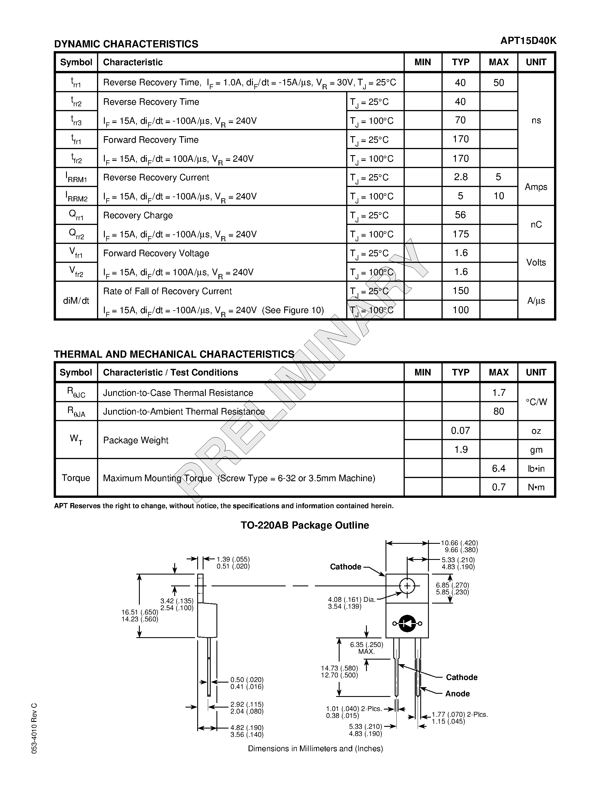 Datasheet APT15D40K - ULTRAFAST SOFT RECOVERY RECTIFIER DIODE page 2