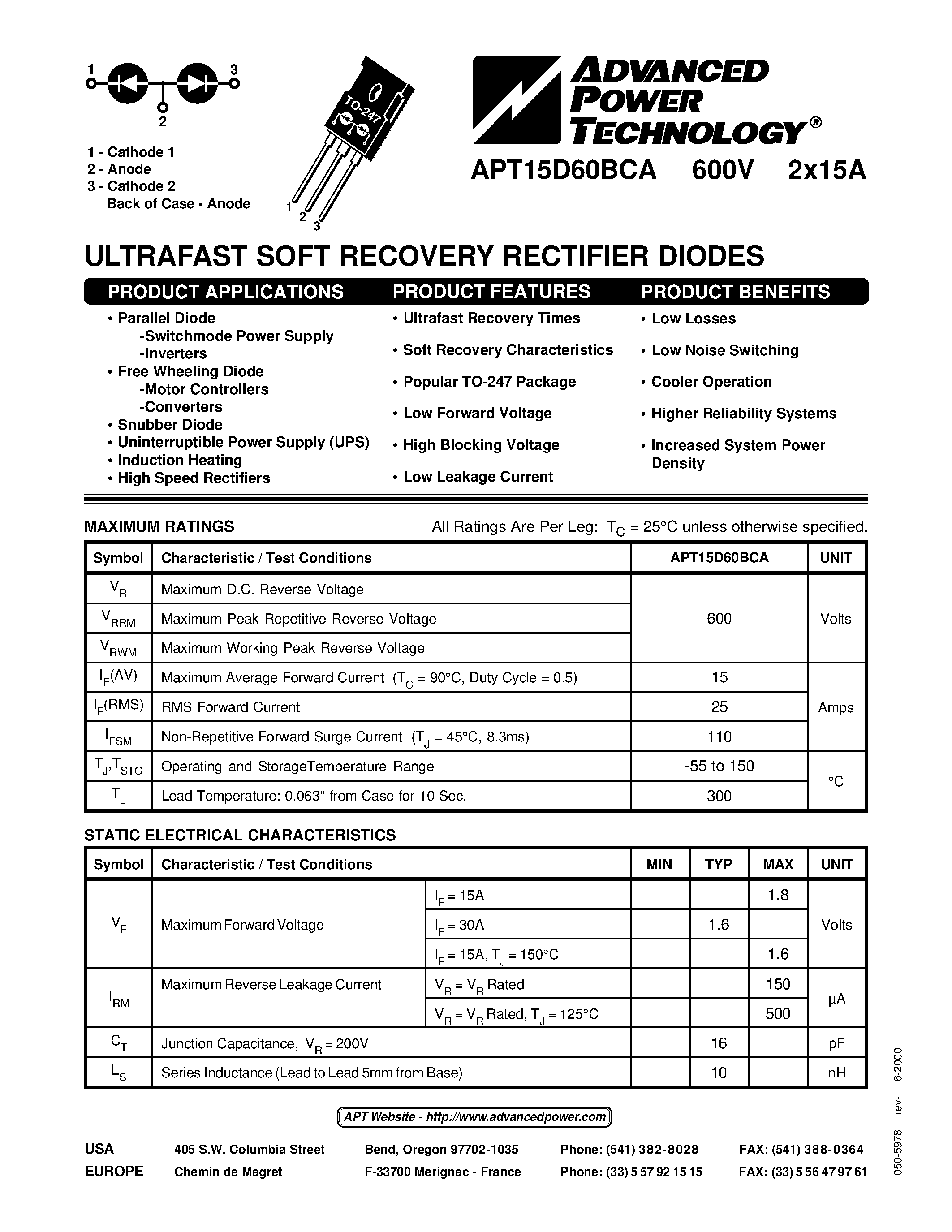 Datasheet APT15D60BCA page 1 Datasheet APT15D60BCA - ULTRAFAST SOFT RECOVERY RECTIFIER DIODES page 1