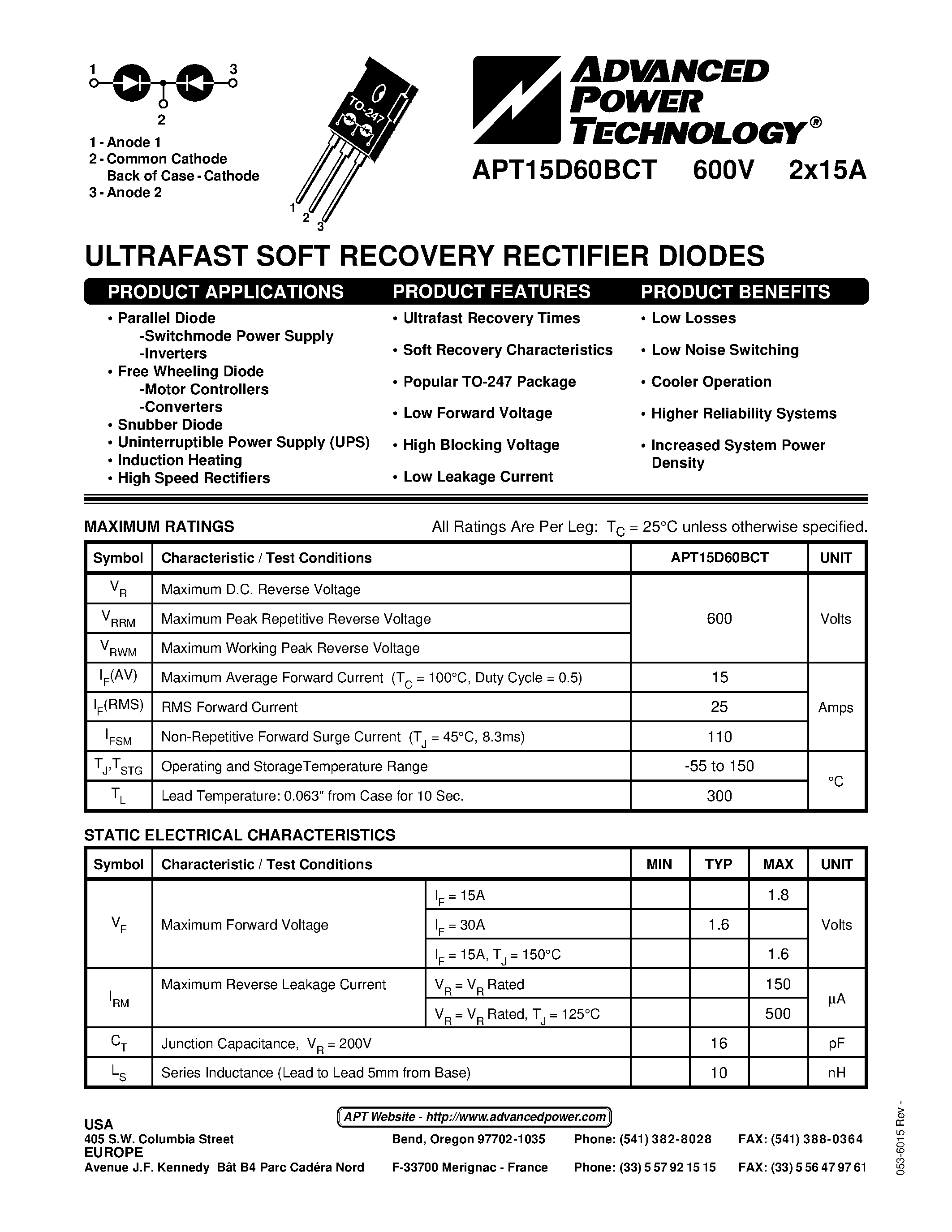 Datasheet APT15D60BCT page 1 Datasheet APT15D60BCT - ULTRAFAST SOFT RECOVERY RECTIFIER DIODES page 1