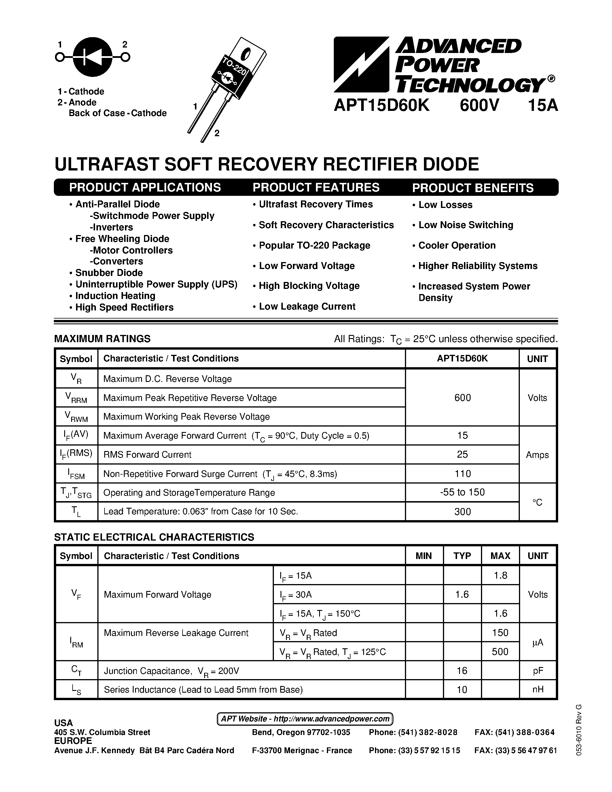 Datasheet APT15D60K - ULTRAFAST SOFT RECOVERY RECTIFIER DIODE page 1