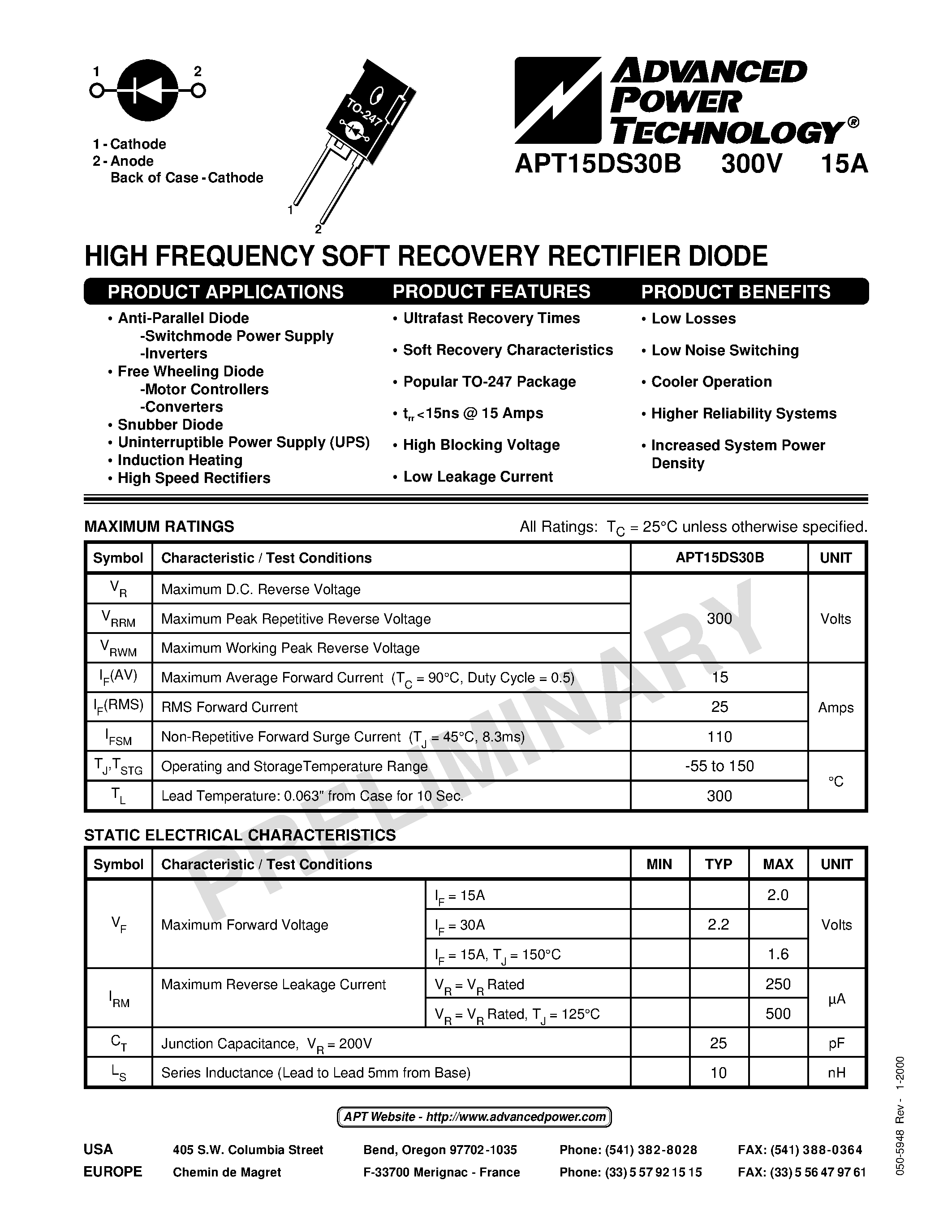 Datasheet APT15DS30B - HIGH FREQUENCY SOFT RECOVERY RECTIFIER DIODE page 1
