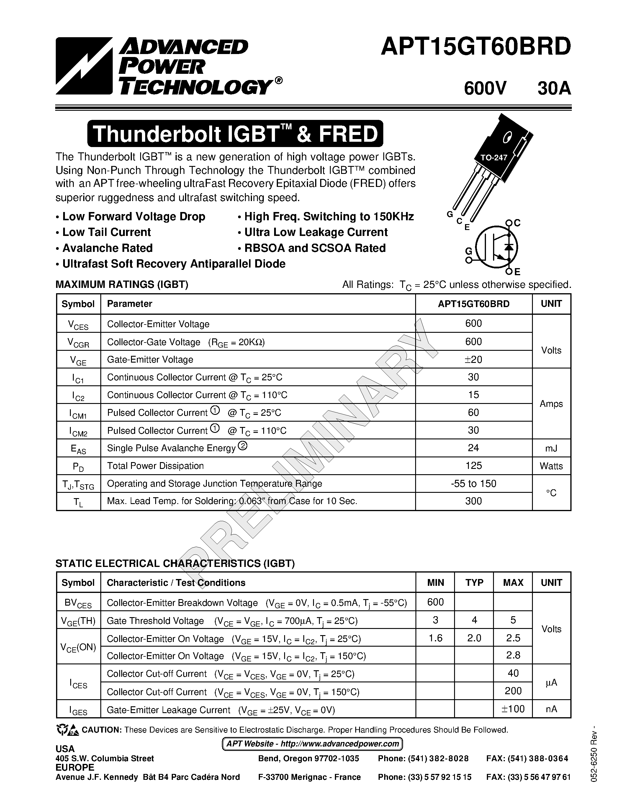 Datasheet APT15GT60BRD - The Thunderbolt IGBT is a new generation of high voltage power IGBTs. page 1
