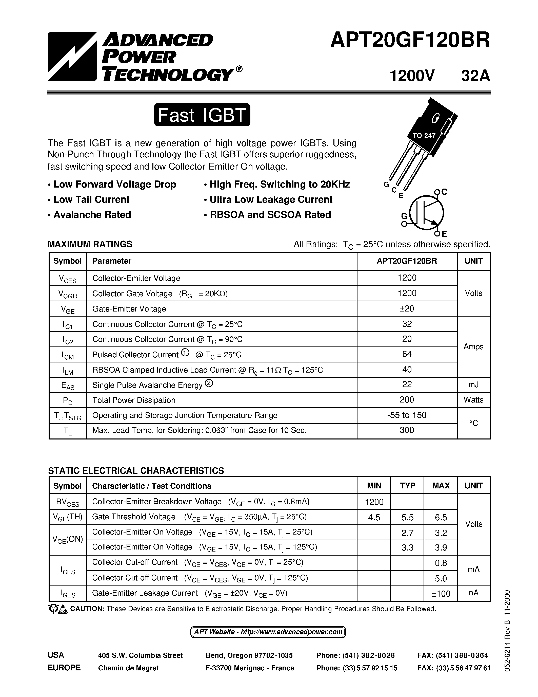 Datasheet APT20GF120BR - The Fast IGBT is a new generation of high voltage power IGBTs. page 1