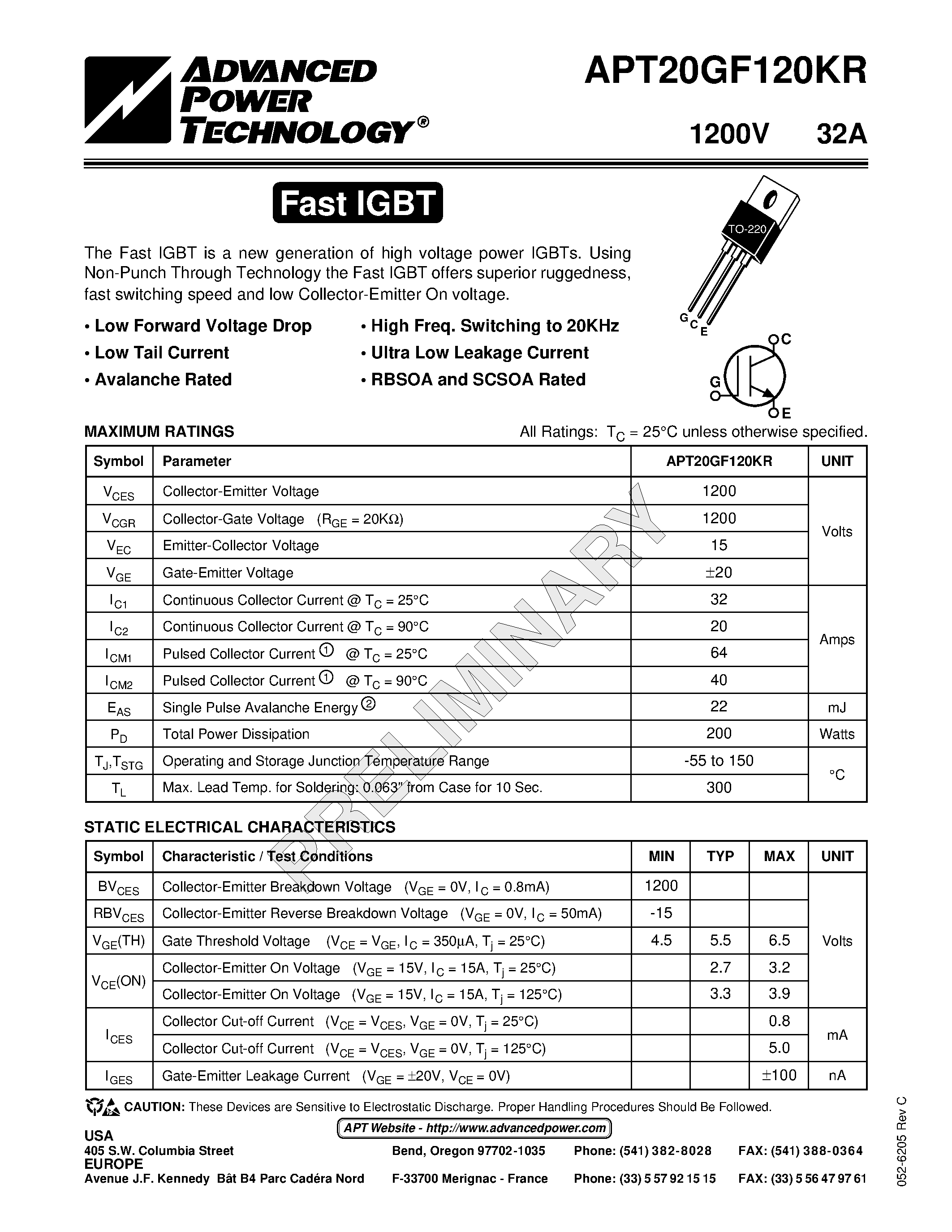 Datasheet APT20GF120KR - The Fast IGBT is a new generation of high voltage power IGBTs. page 1