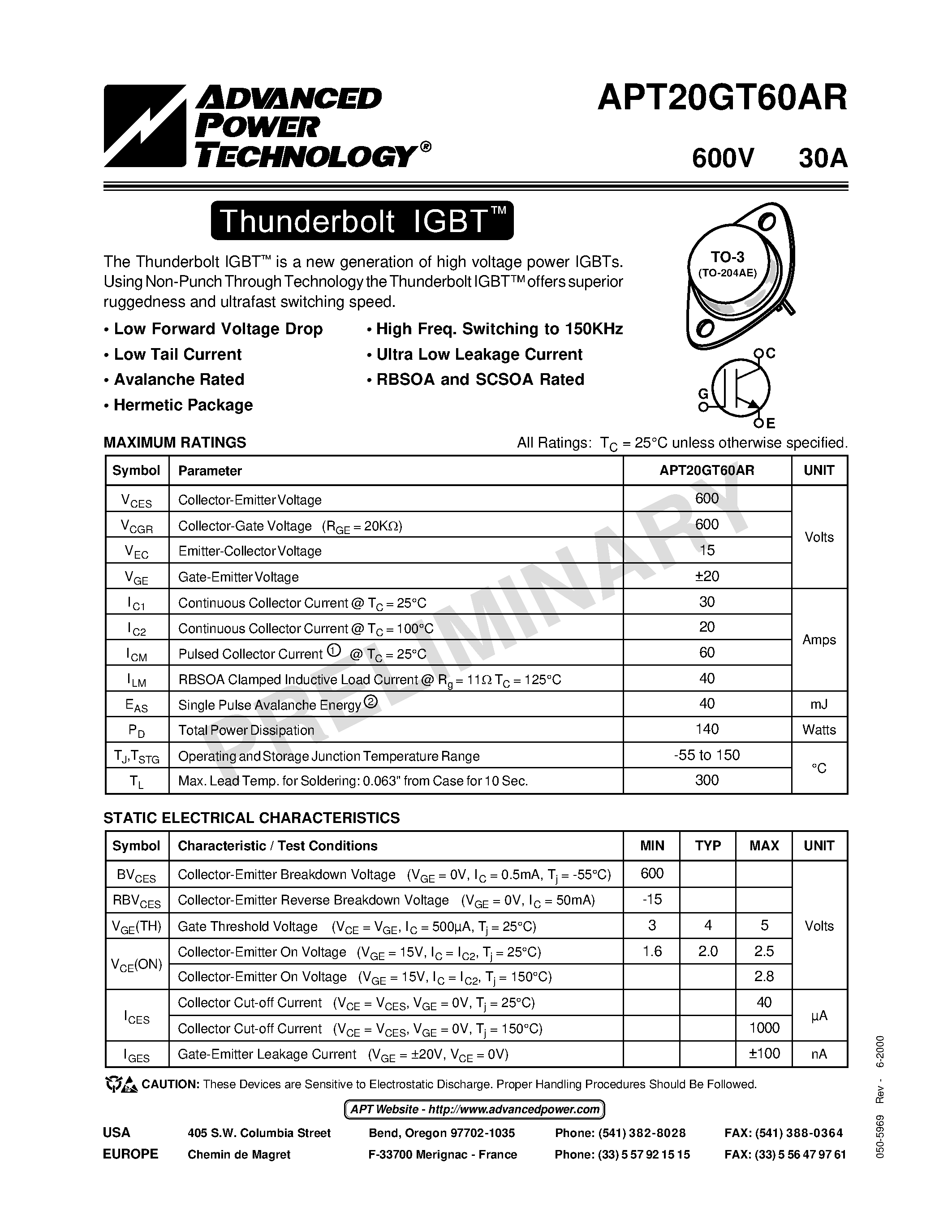 Datasheet APT20GT60AR - The Thunderbolt IGBT is a new generation of high voltage power IGBTs. page 1
