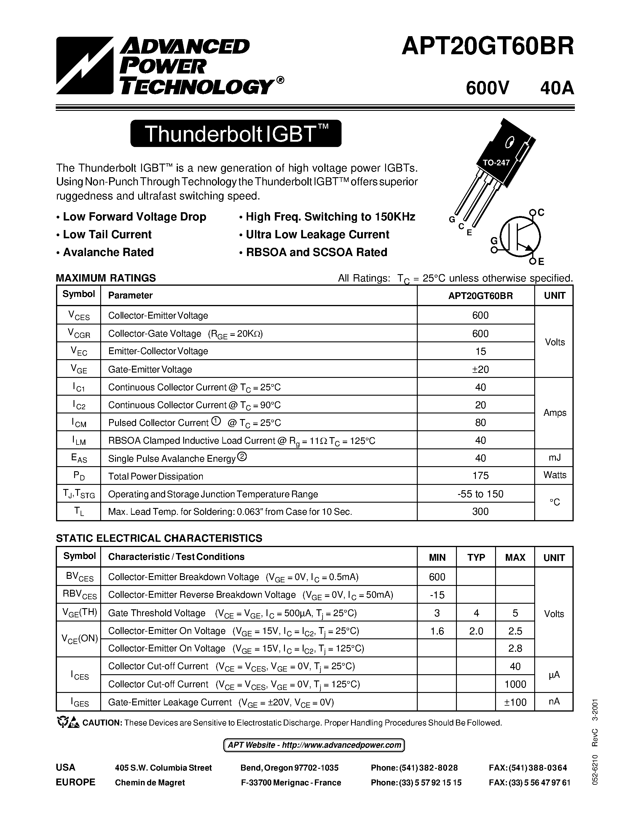 Datasheet APT20GT60BR - The Thunderbolt IGBT is a new generation of high voltage power IGBTs. page 1
