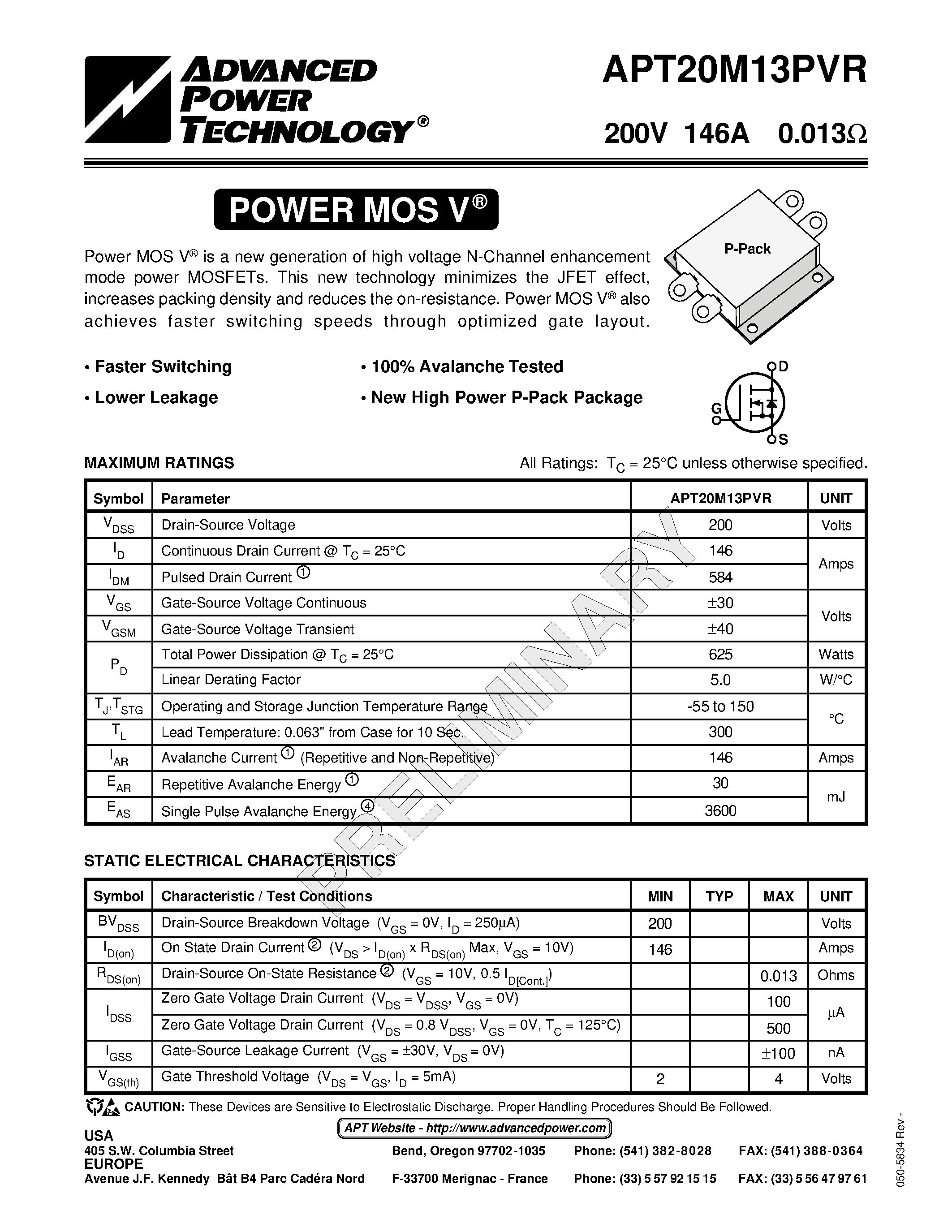 Datasheet APT20M13PVR page 1 Datasheet APT20M13PVR - Power MOS V is a new generation of high voltage N-Channel enhancement mode power MOSFETs. page 1