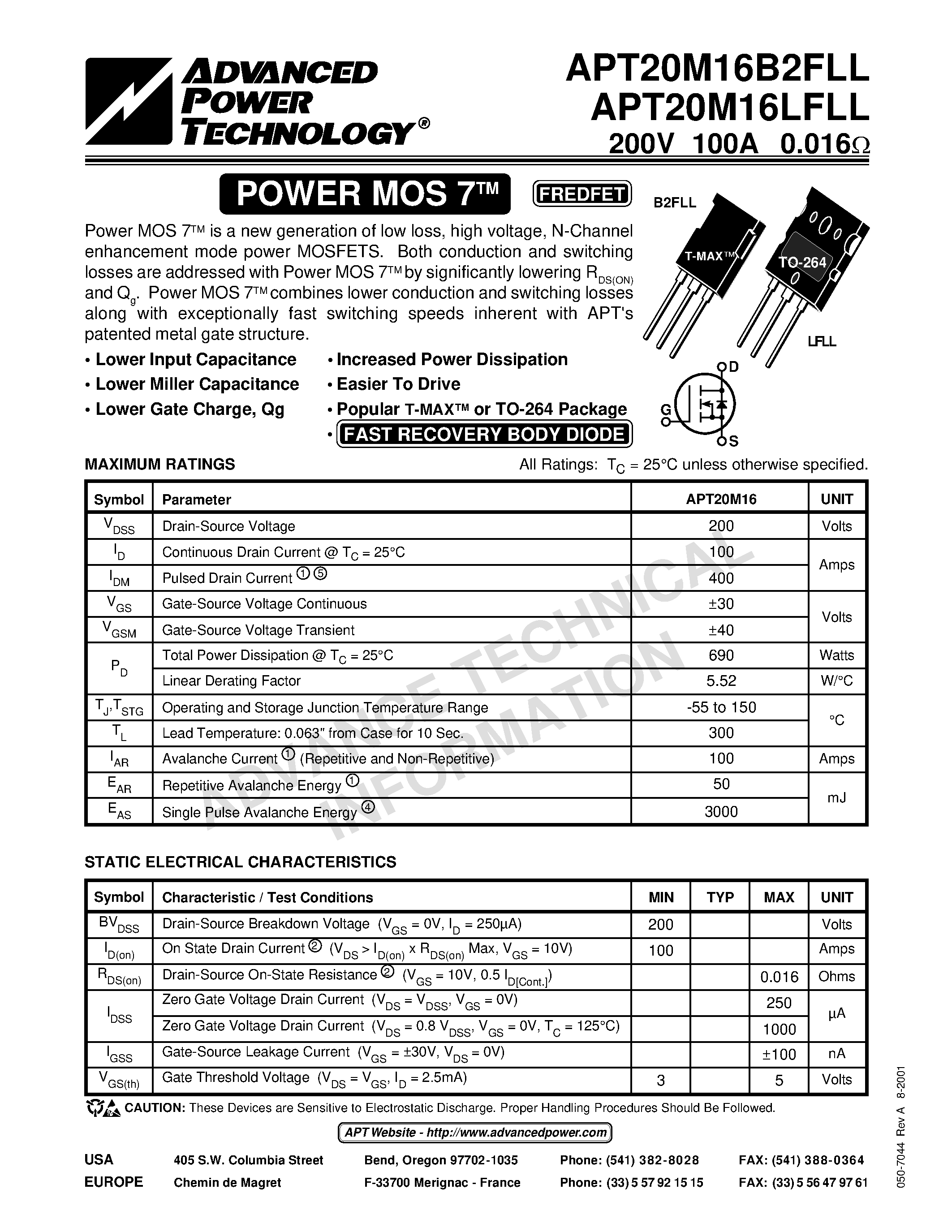 Datasheet APT20M16LFLL - Power MOS 7TM is a new generation of low loss/ high voltage/ N-Channel enhancement mode power MOSFETS. page 1