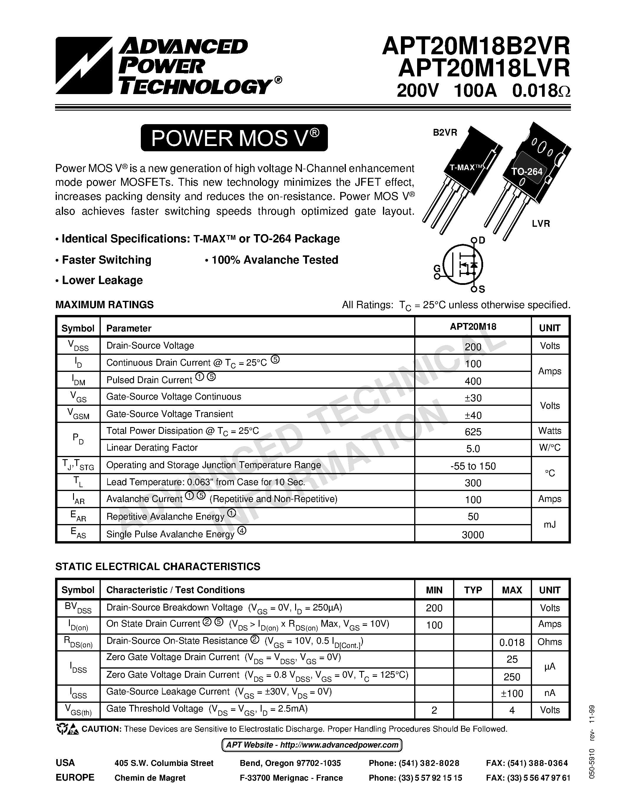 Datasheet APT20M18B2VR page 1 Datasheet APT20M18B2VR - Power MOS V is a new generation of high voltage N-Channel enhancement mode power MOSFETs. page 1