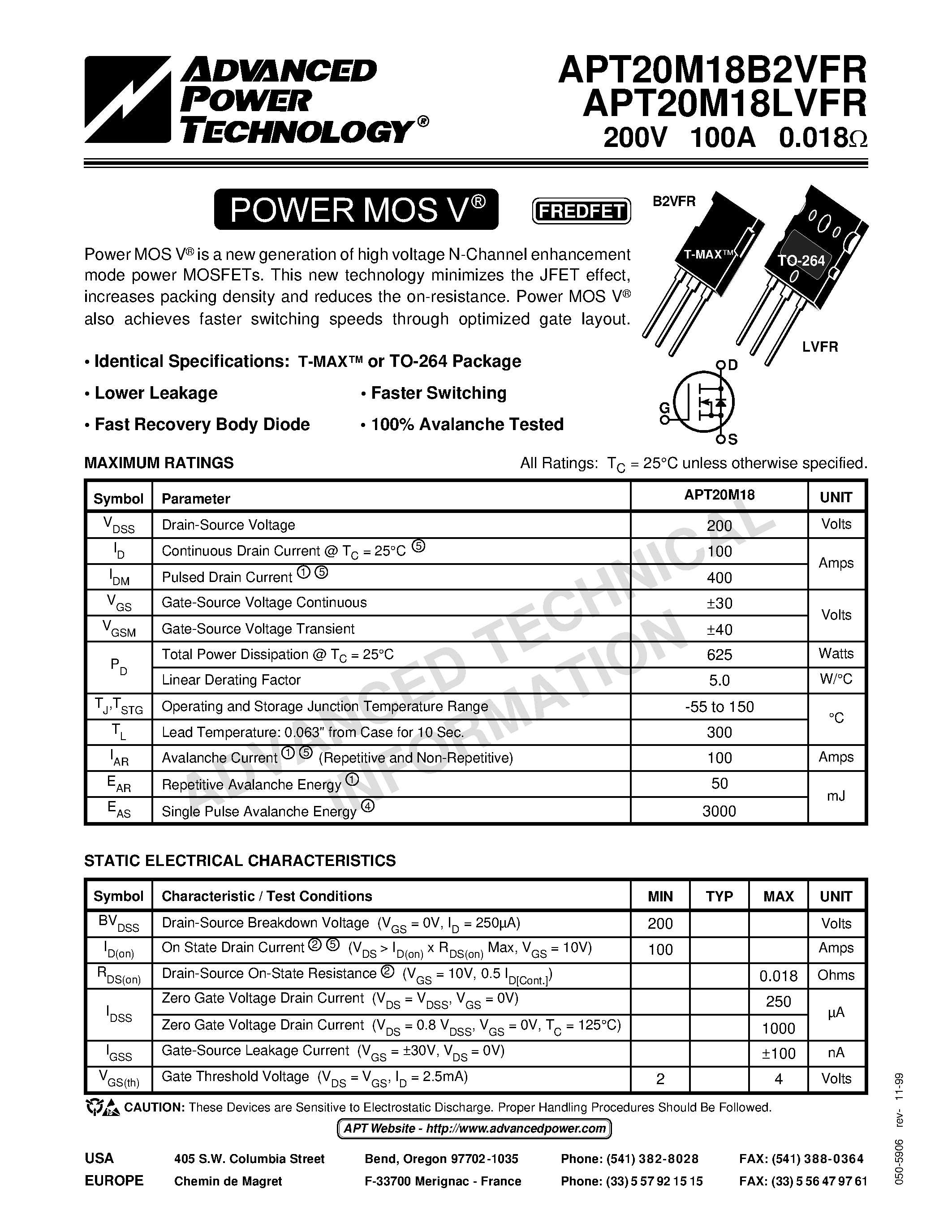 Datasheet APT20M18LVFR - Power MOS V is a new generation of high voltage N-Channel enhancement mode power MOSFETs. page 1