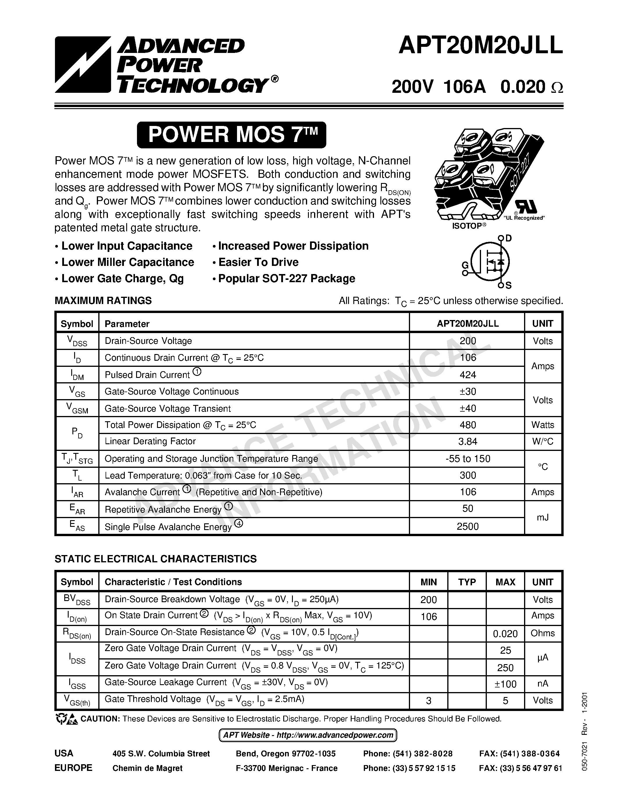 Datasheet APT20M20JLL - Power MOS 7TM is a new generation of low loss/ high voltage/ N-Channel enhancement mode power MOSFETS page 1