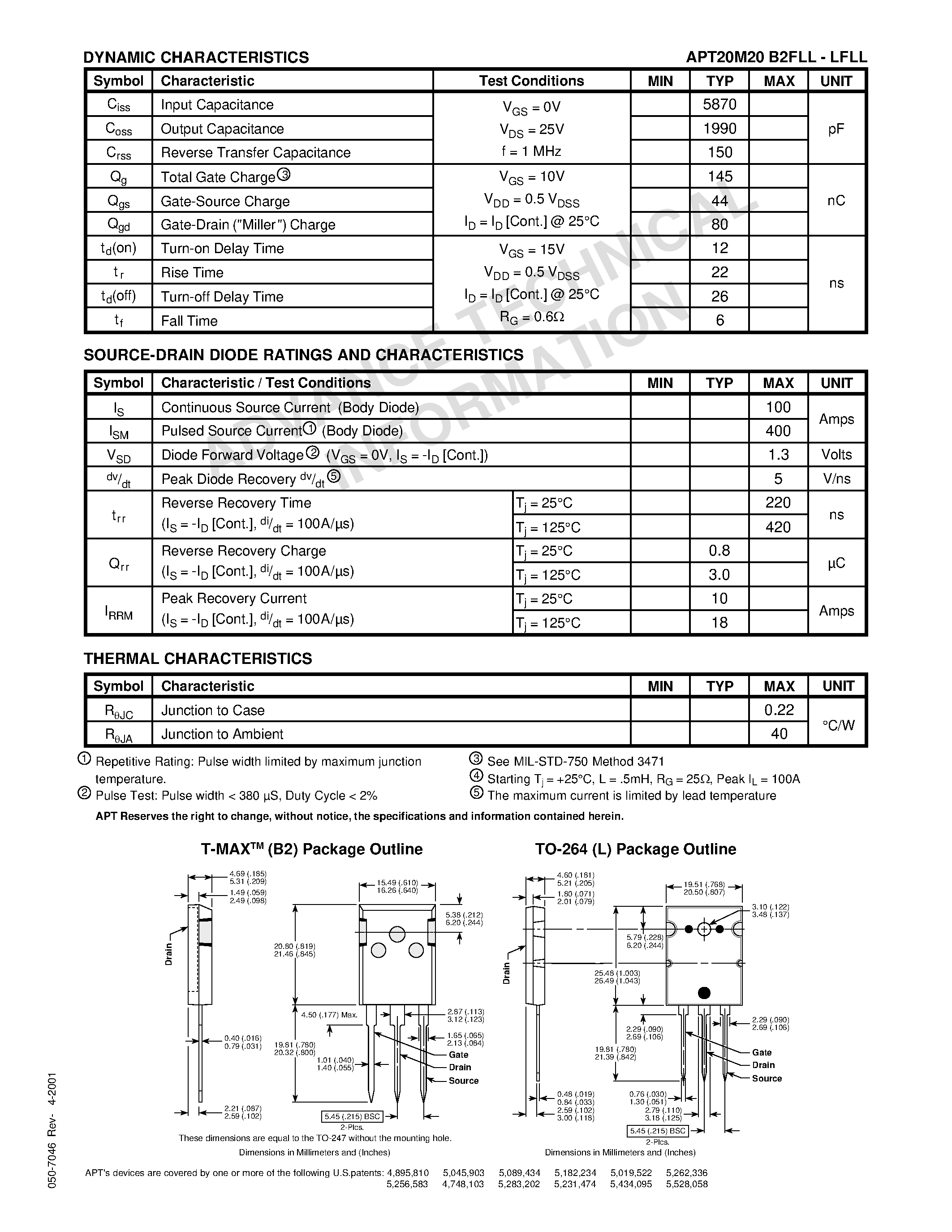 Datasheet APT20M20LFLL - Power MOS 7TM is a new generation of low loss/ high voltage/ N-Channel enhancement mode power MOSFETS. page 2