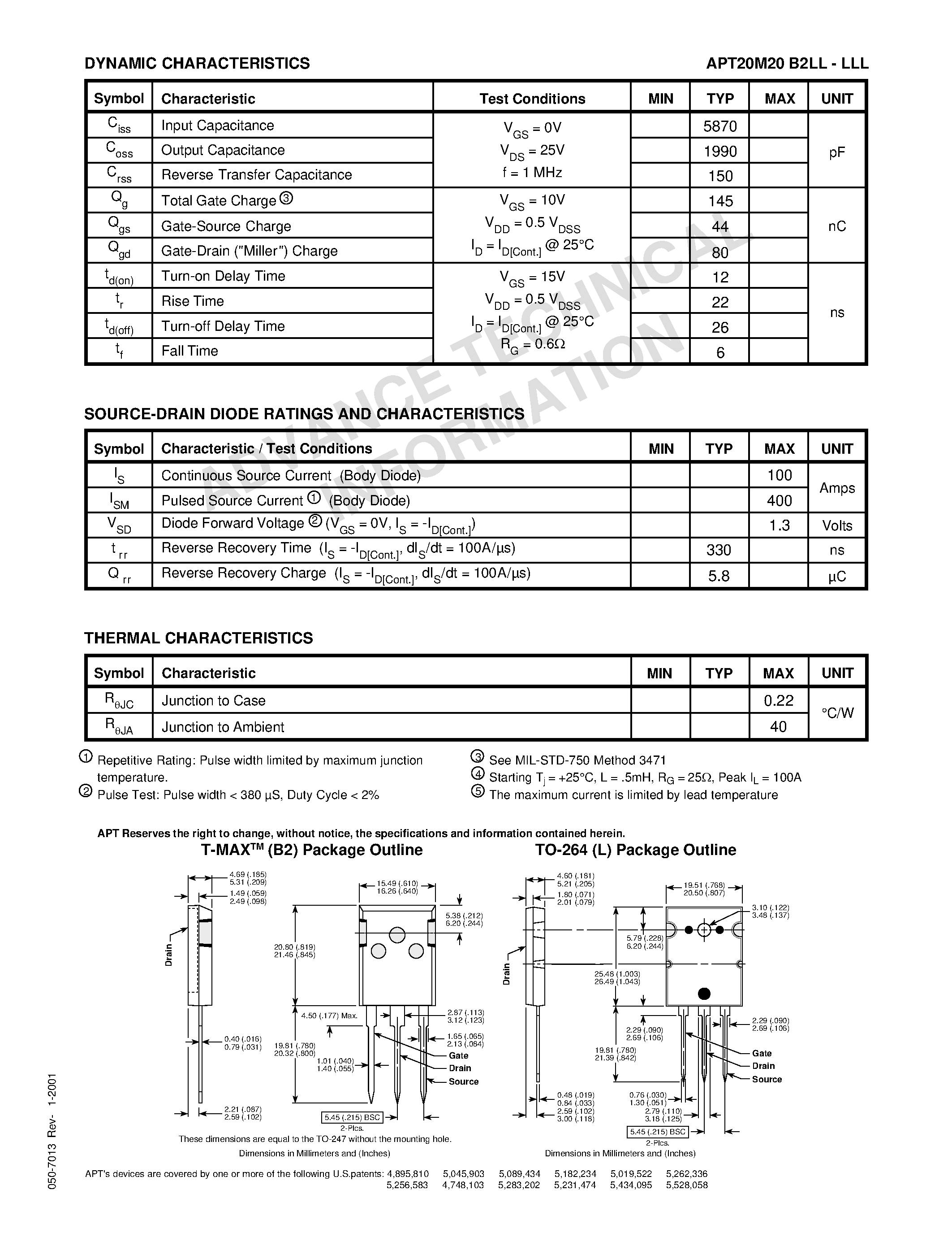 Datasheet APT20M20LLL - Power MOS 7TM is a new generation of low loss/ high voltage/ N-Channel enhancement mode power MOSFETS. page 2