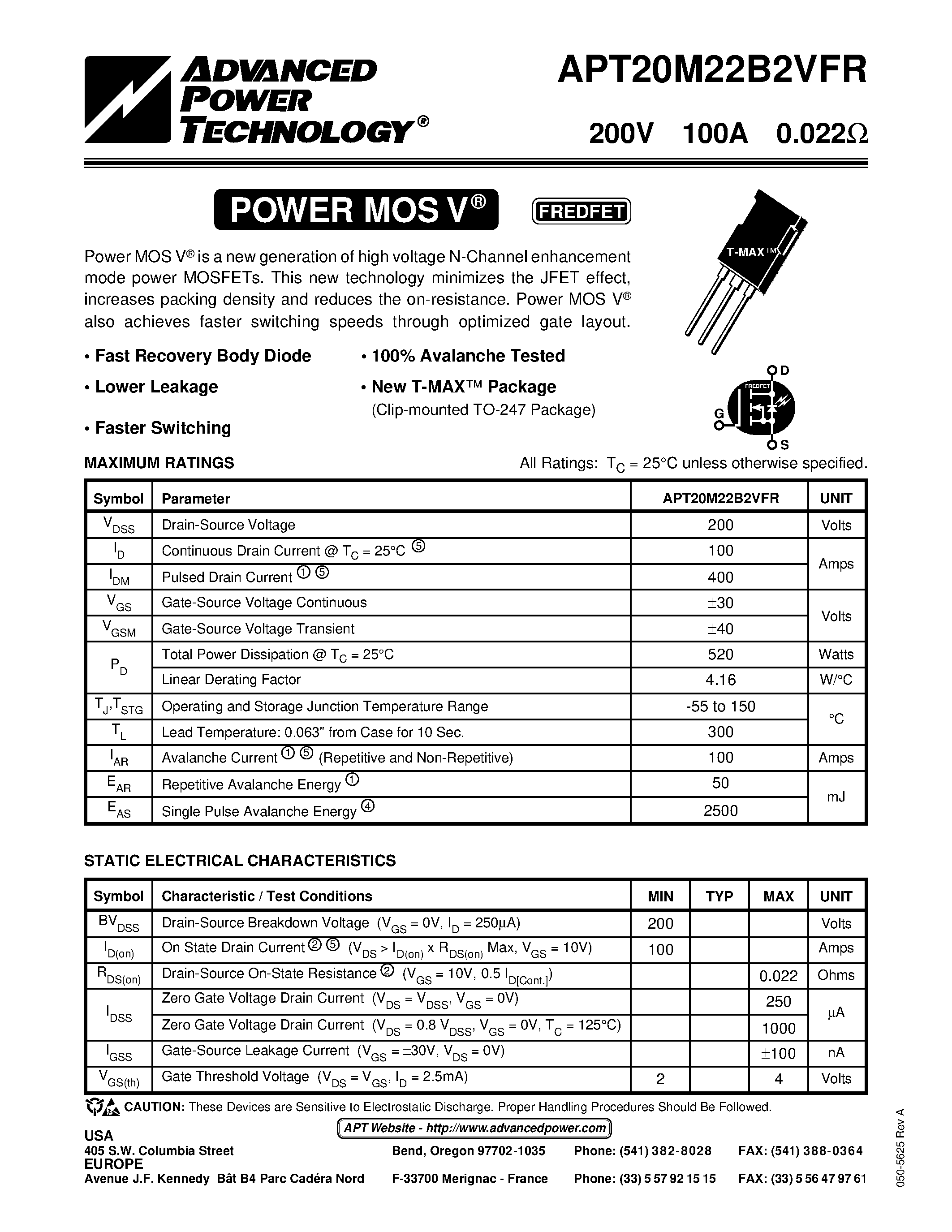 Datasheet APT20M22B2VFR - Power MOS V is a new generation of high voltage N-Channel enhancement mode power MOSFETs. page 1