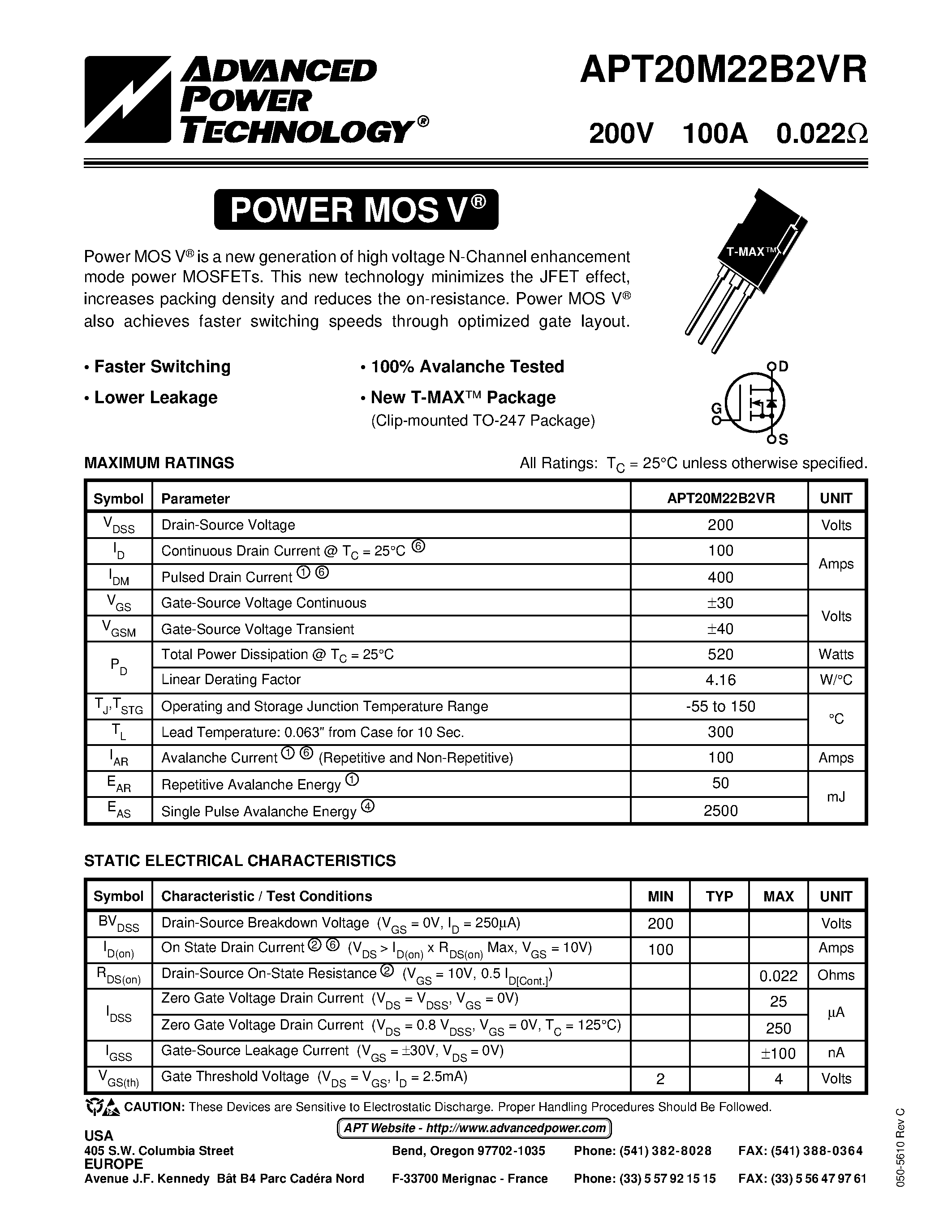 Datasheet APT20M22B2VR page 1 Datasheet APT20M22B2VR - Power MOS V is a new generation of high voltage N-Channel enhancement mode power MOSFETs. page 1