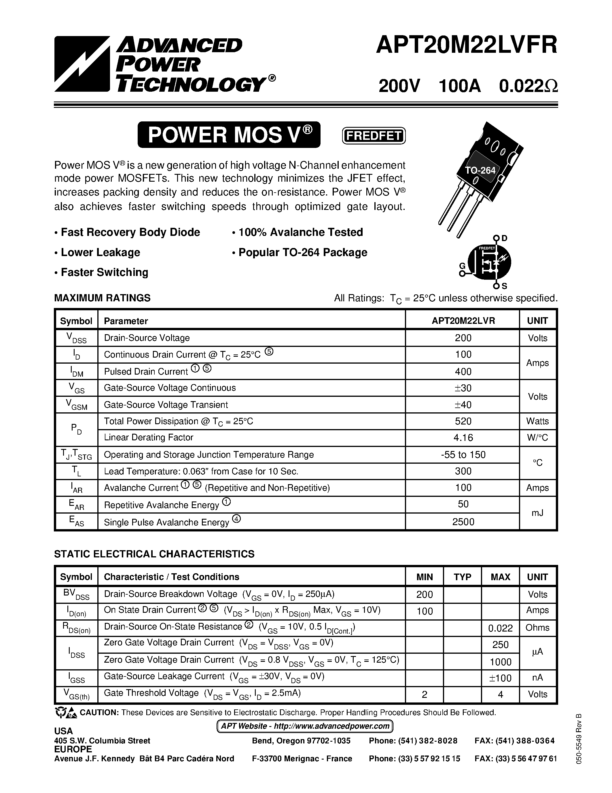 Datasheet APT20M22LVFR - Power MOS V is a new generation of high voltage N-Channel enhancement mode power MOSFETs. page 1