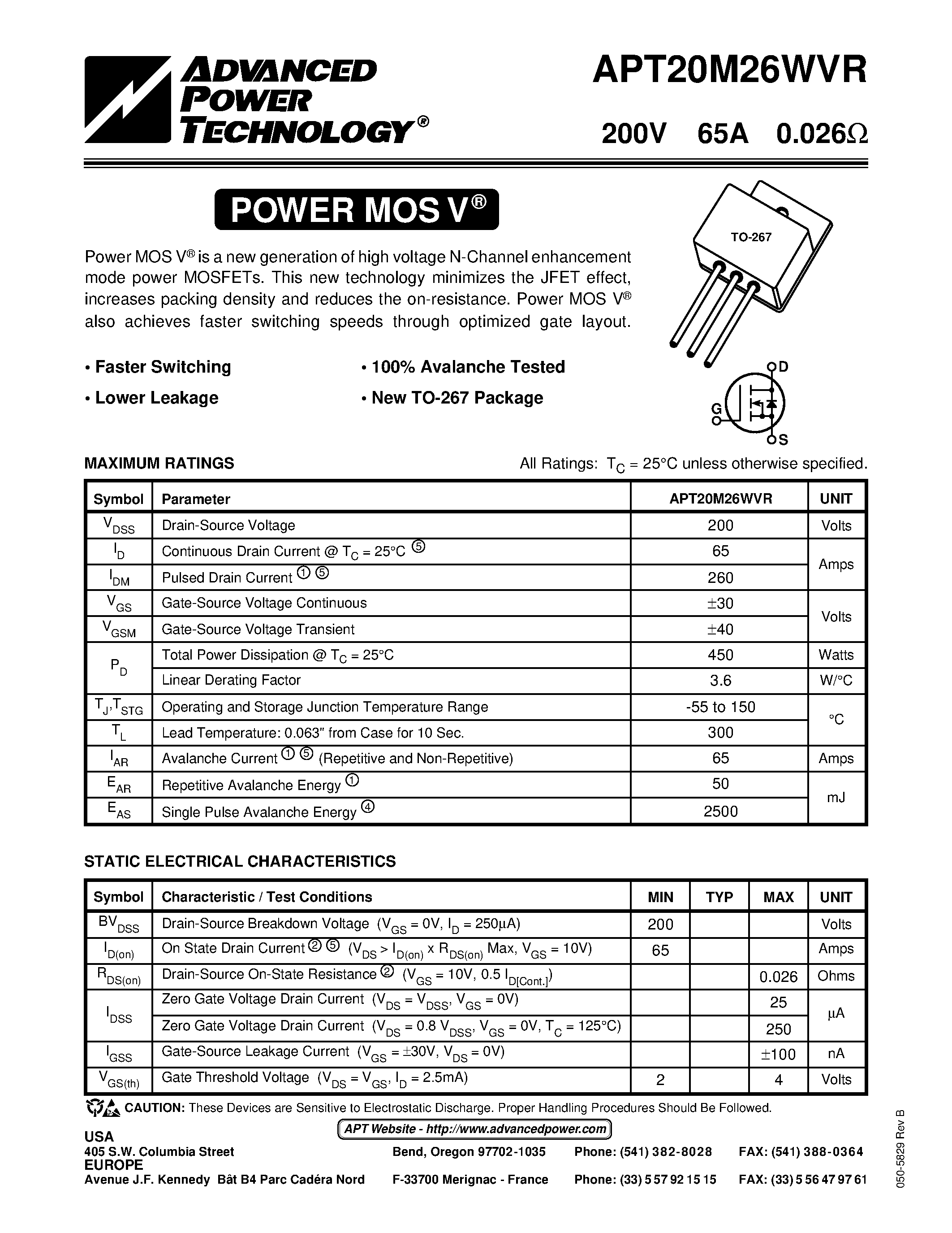 Datasheet APT20M26WVR - Power MOS V is a new generation of high voltage N-Channel enhancement mode power MOSFETs. page 1