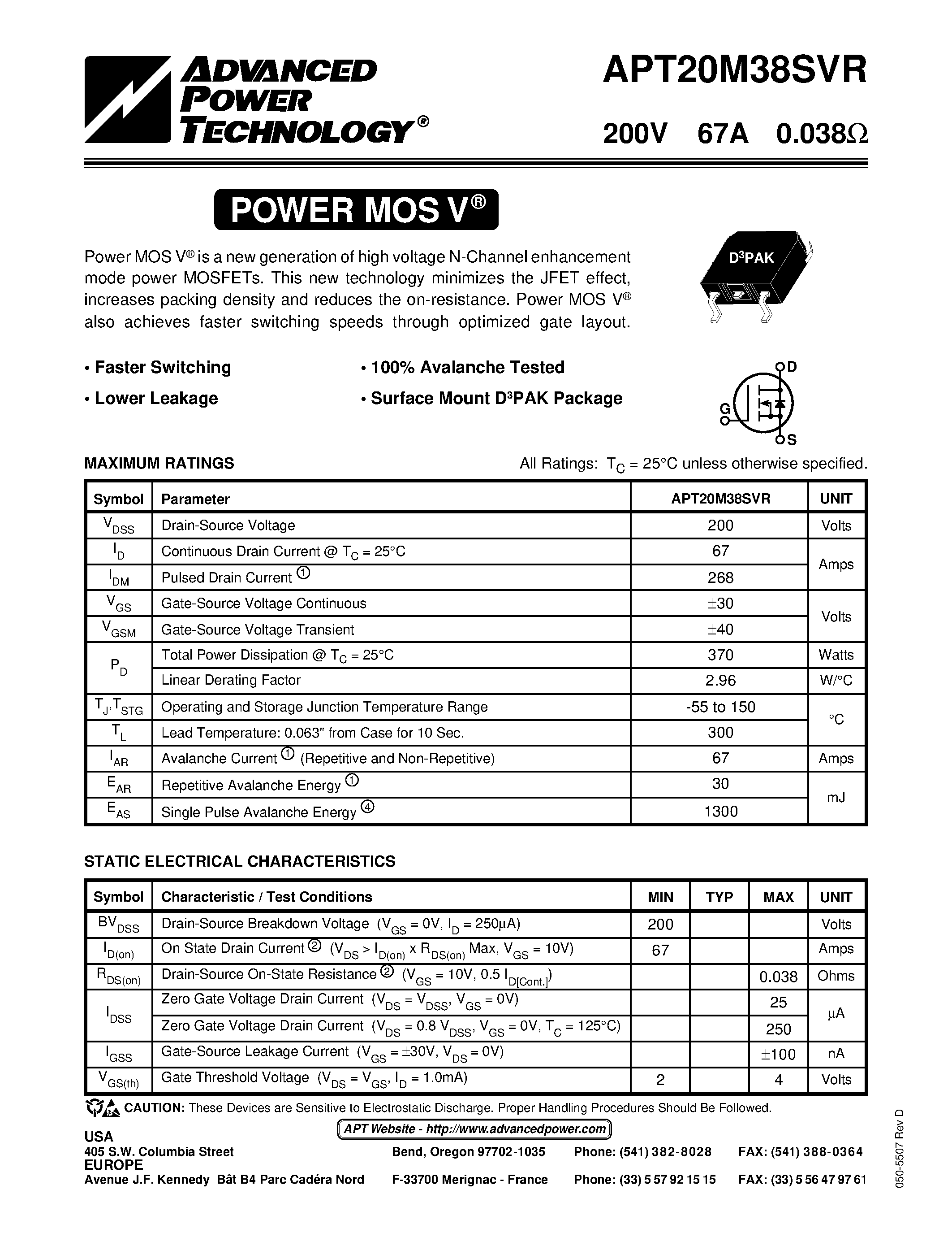 Datasheet APT20M38SVR page 1 Datasheet APT20M38SVR - Power MOS V is a new generation of high voltage N-Channel enhancement mode power MOSFETs. page 1