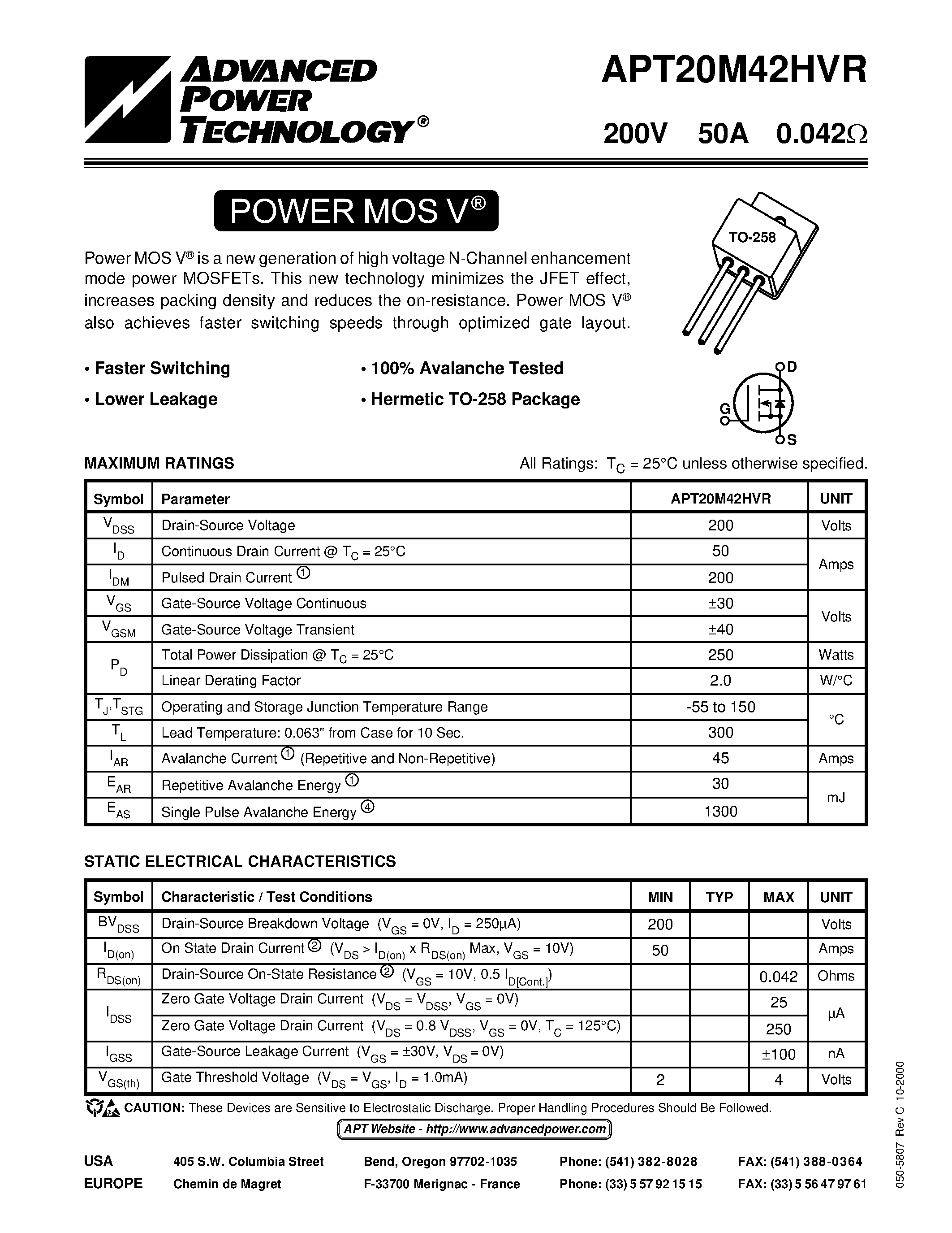 Datasheet APT20M42HVR - Power MOS V is a new generation of high voltage N-Channel enhancement mode power MOSFETs. page 1
