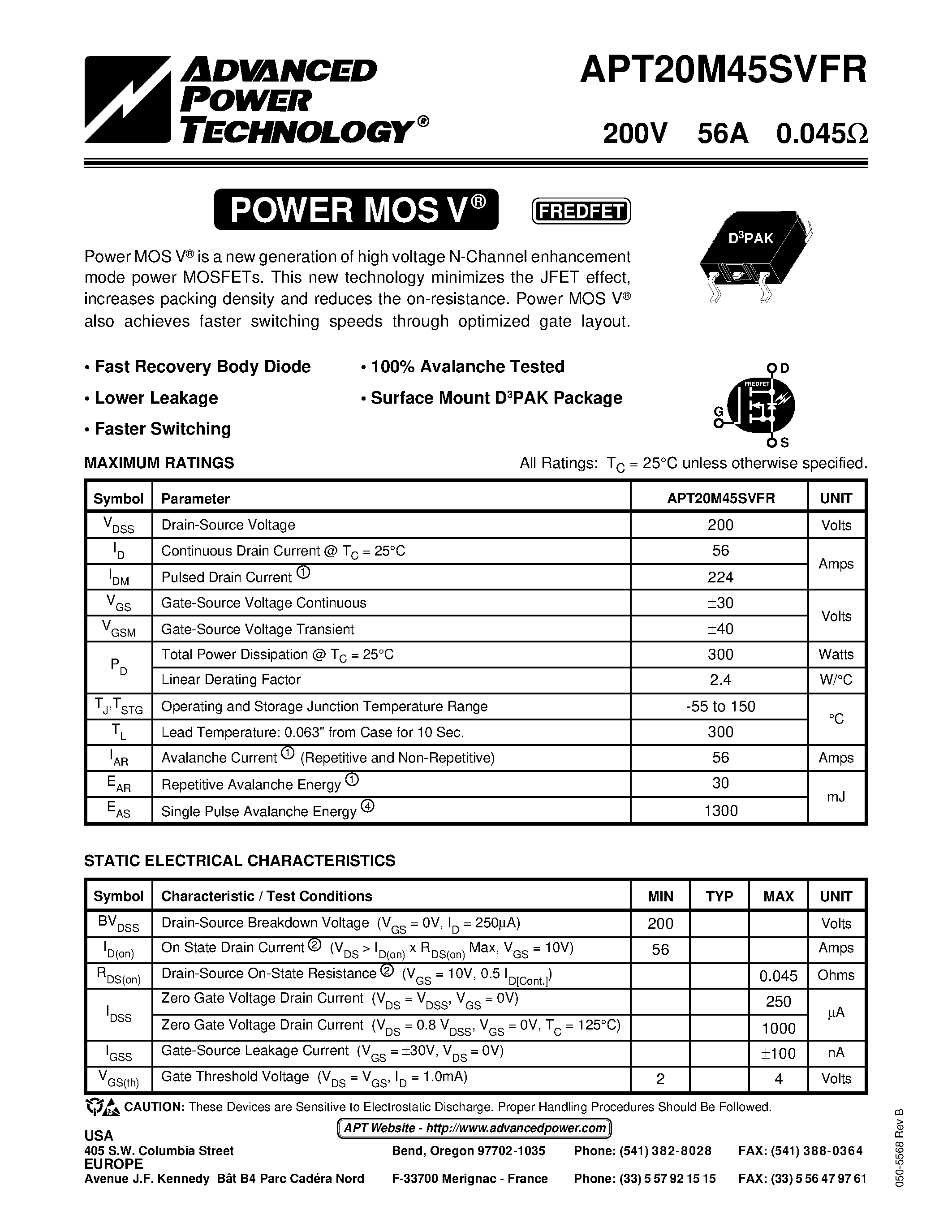 Datasheet APT20M45SVFR - Power MOS V is a new generation of high voltage N-Channel enhancement mode power MOSFETs. page 1