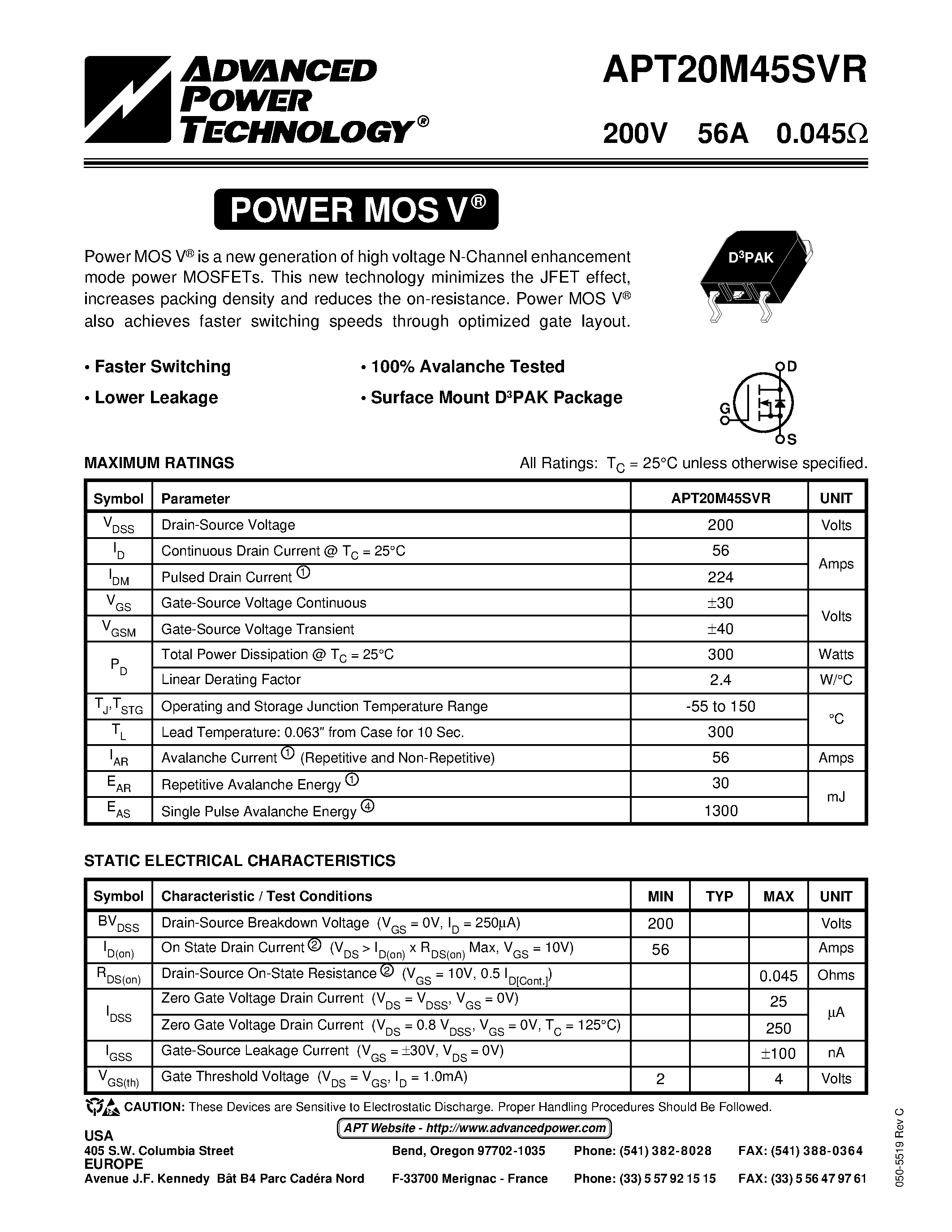 Datasheet APT20M45SVR page 1 Datasheet APT20M45SVR - Power MOS V is a new generation of high voltage N-Channel enhancement mode power MOSFETs. page 1