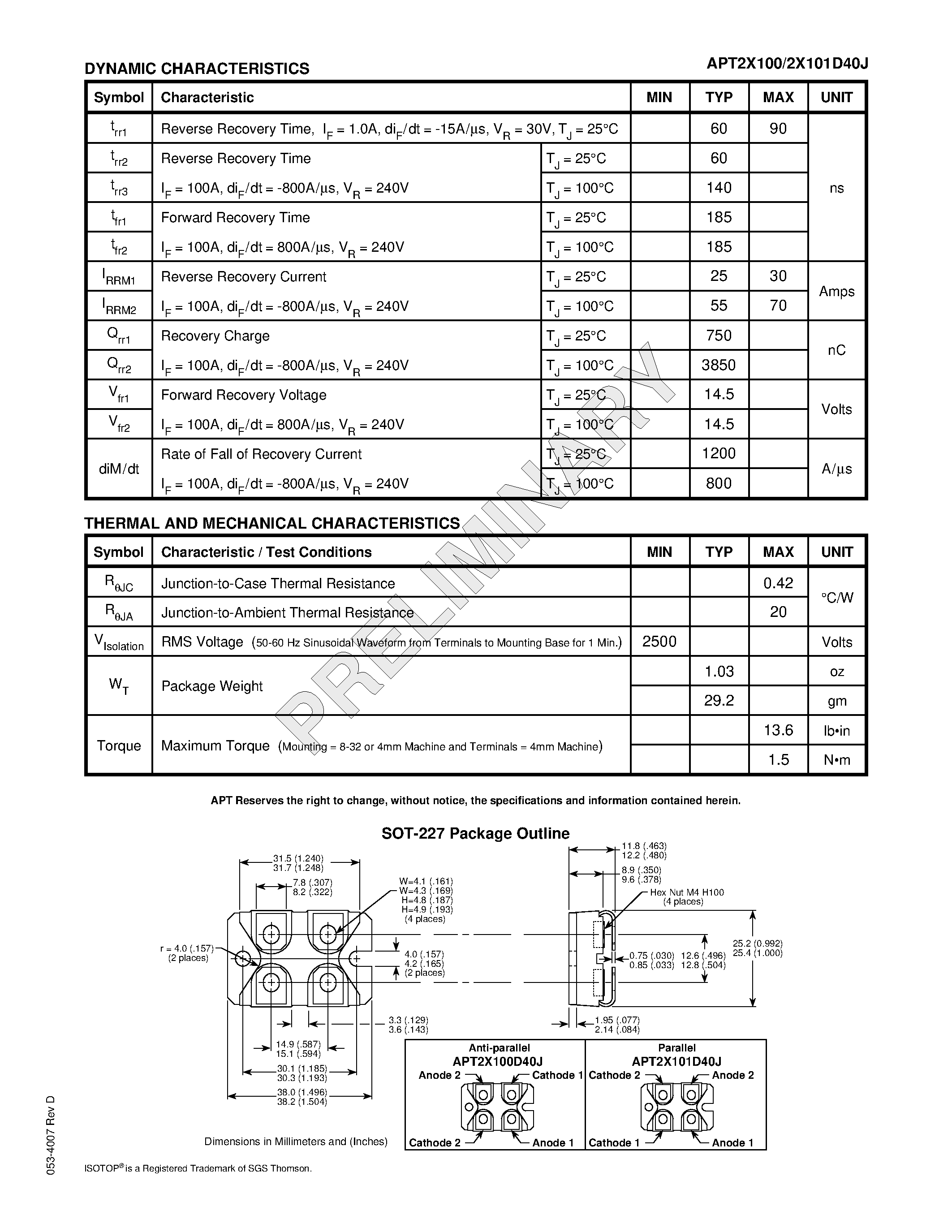 Datasheet APT2X100D40J page 2 Datasheet APT2X100D40J - ULTRAFAST SOFT RECOVERY DUAL RECTIFIER DIODES page 2