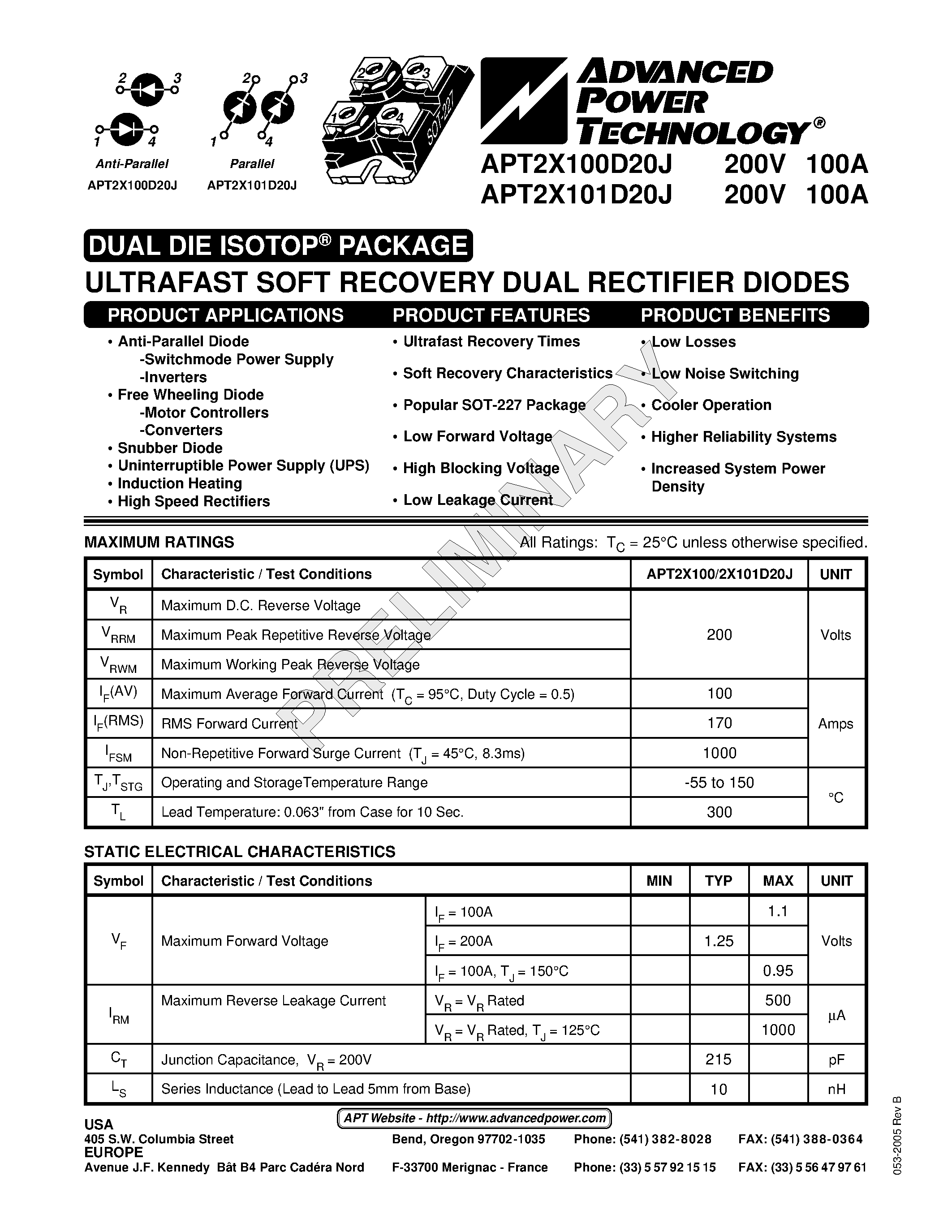 Datasheet APT2X101D20J page 1 Datasheet APT2X101D20J - ULTRAFAST SOFT RECOVERY DUAL RECTIFIER DIODES page 1
