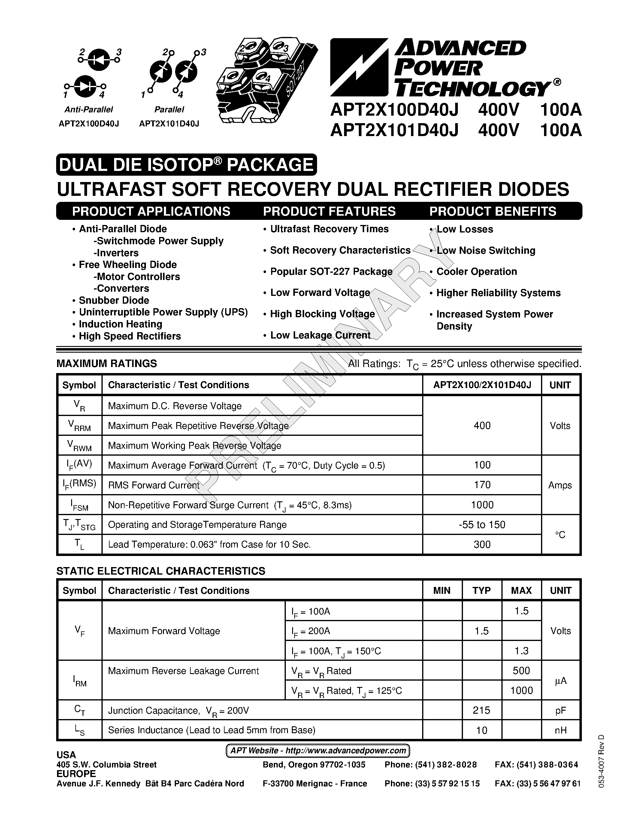 Datasheet APT2X101D40J page 1 Datasheet APT2X101D40J - ULTRAFAST SOFT RECOVERY DUAL RECTIFIER DIODES page 1