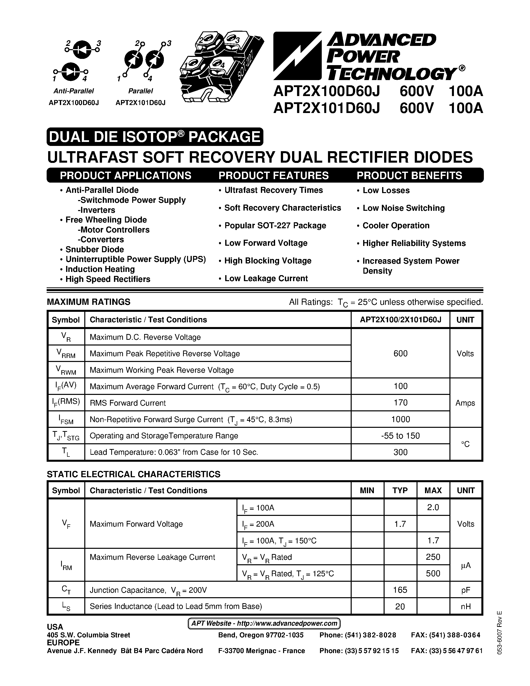 Datasheet APT2X101D60J page 1 Datasheet APT2X101D60J - ULTRAFAST SOFT RECOVERY DUAL RECTIFIER DIODES page 1