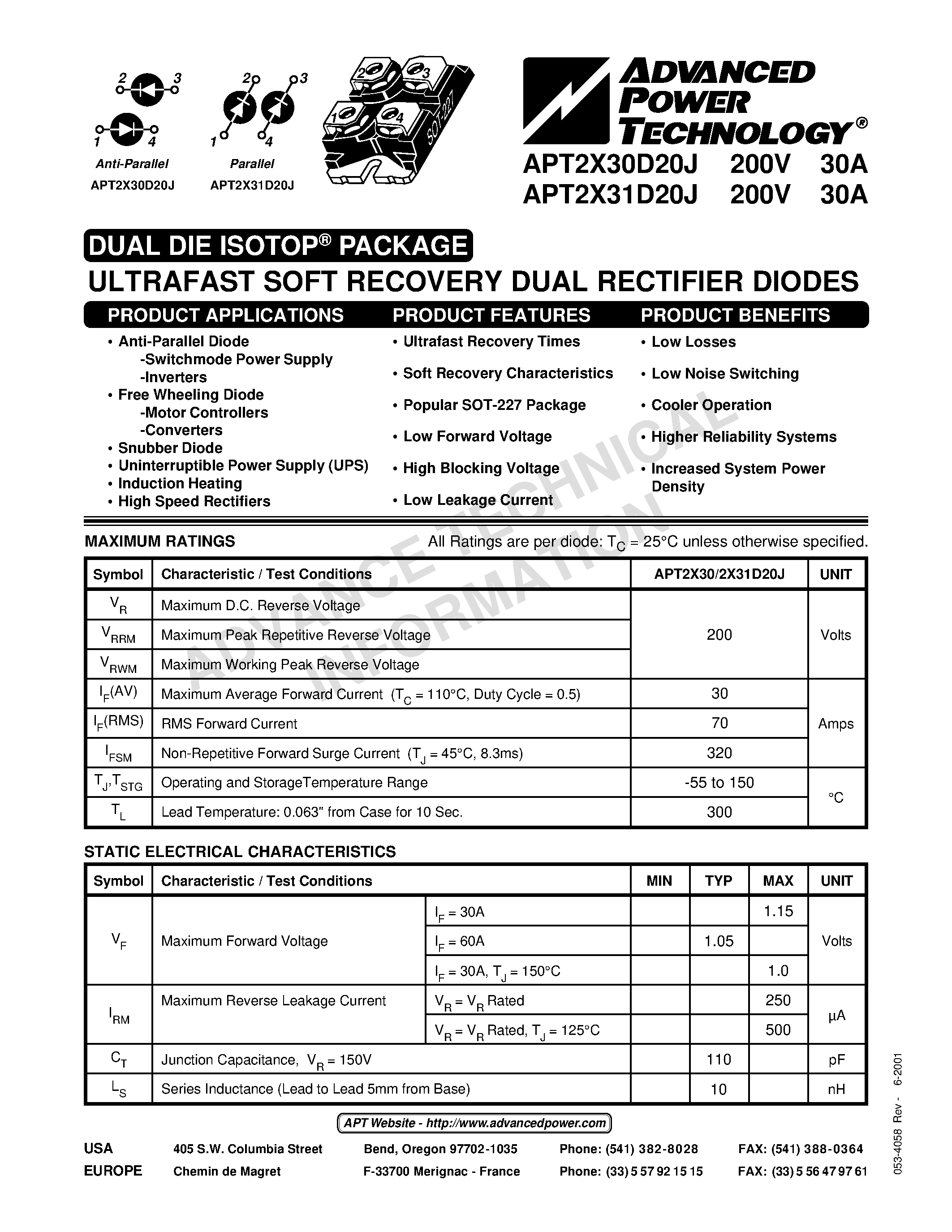 Datasheet APT2X30D20J page 1 Datasheet APT2X30D20J - ULTRAFAST SOFT RECOVERY DUAL RECTIFIER DIODES page 1