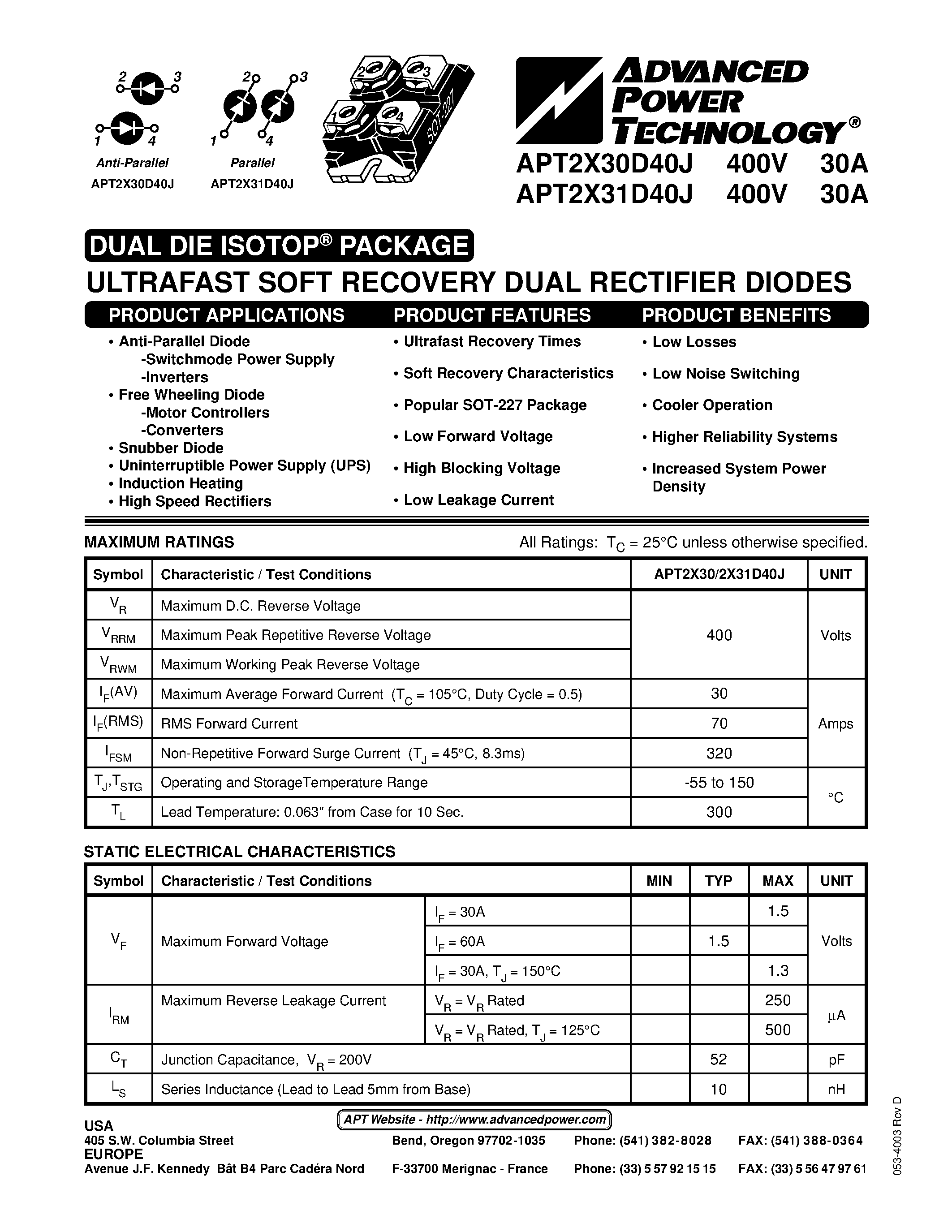 Datasheet APT2X30D40J - ULTRAFAST SOFT RECOVERY DUAL RECTIFIER DIODES page 1