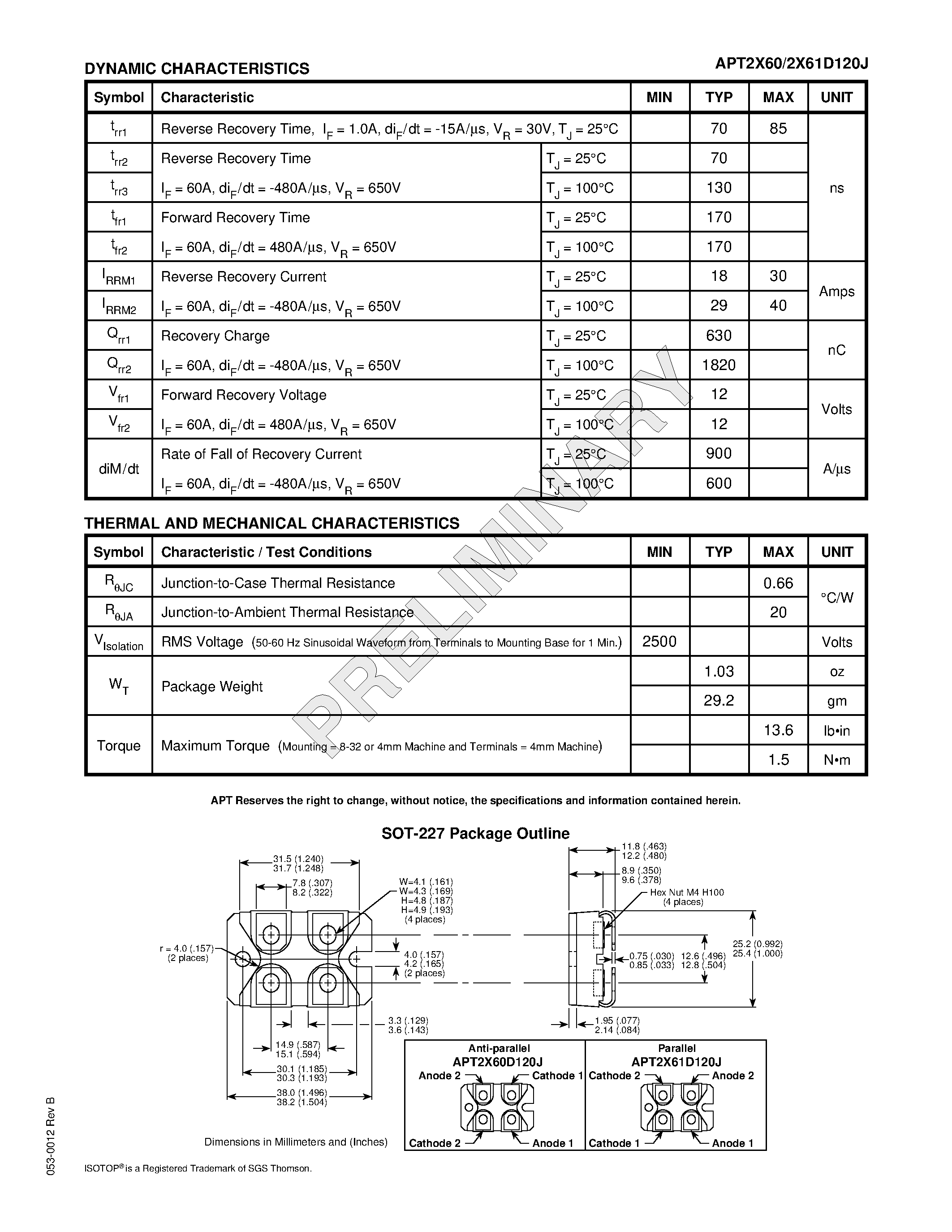 Datasheet APT2X60D120J page 2 Datasheet APT2X60D120J - ULTRAFAST SOFT RECOVERY DUAL RECTIFIER DIODES page 2