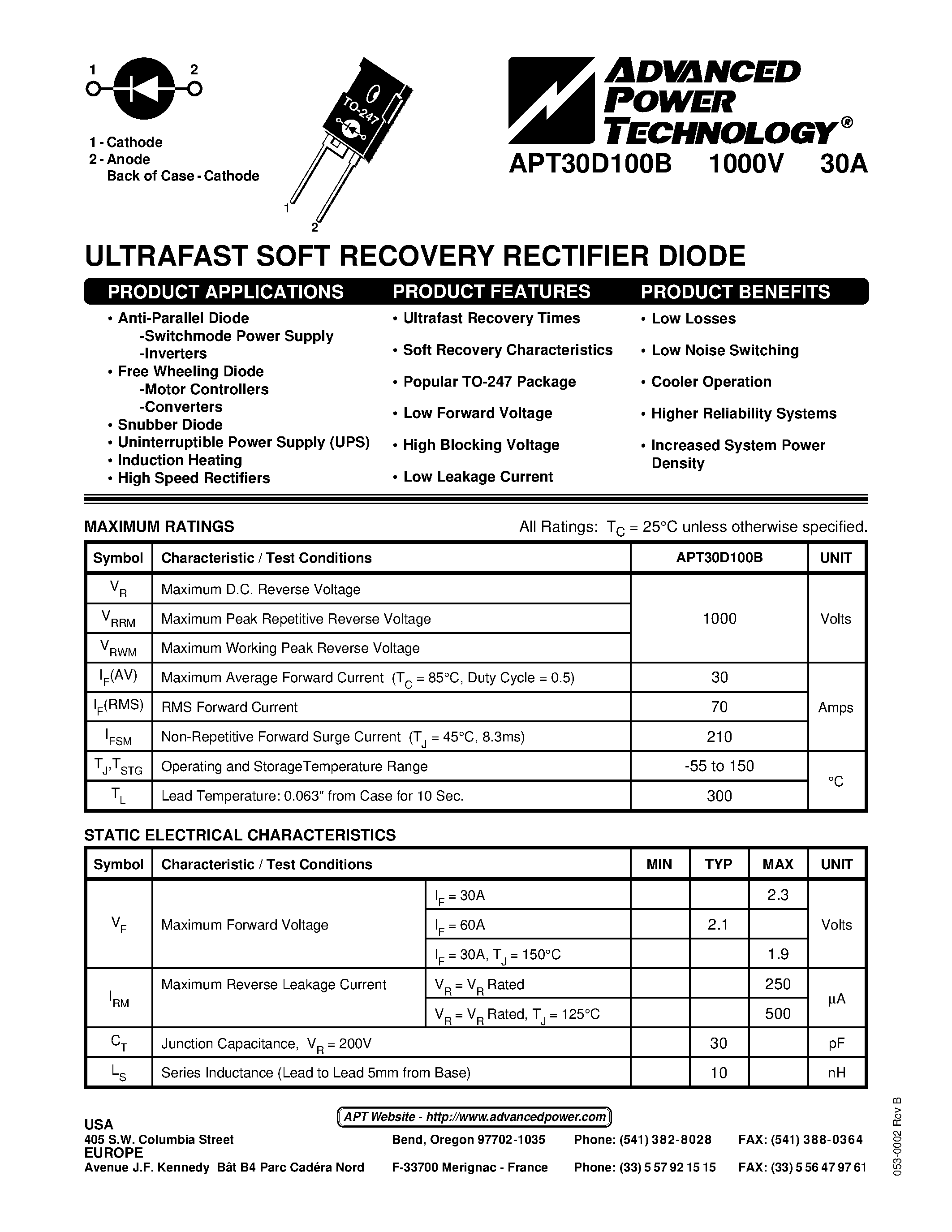 Datasheet APT30D100B page 1 Datasheet APT30D100B - ULTRAFAST SOFT RECOVERY RECTIFIER DIODE page 1