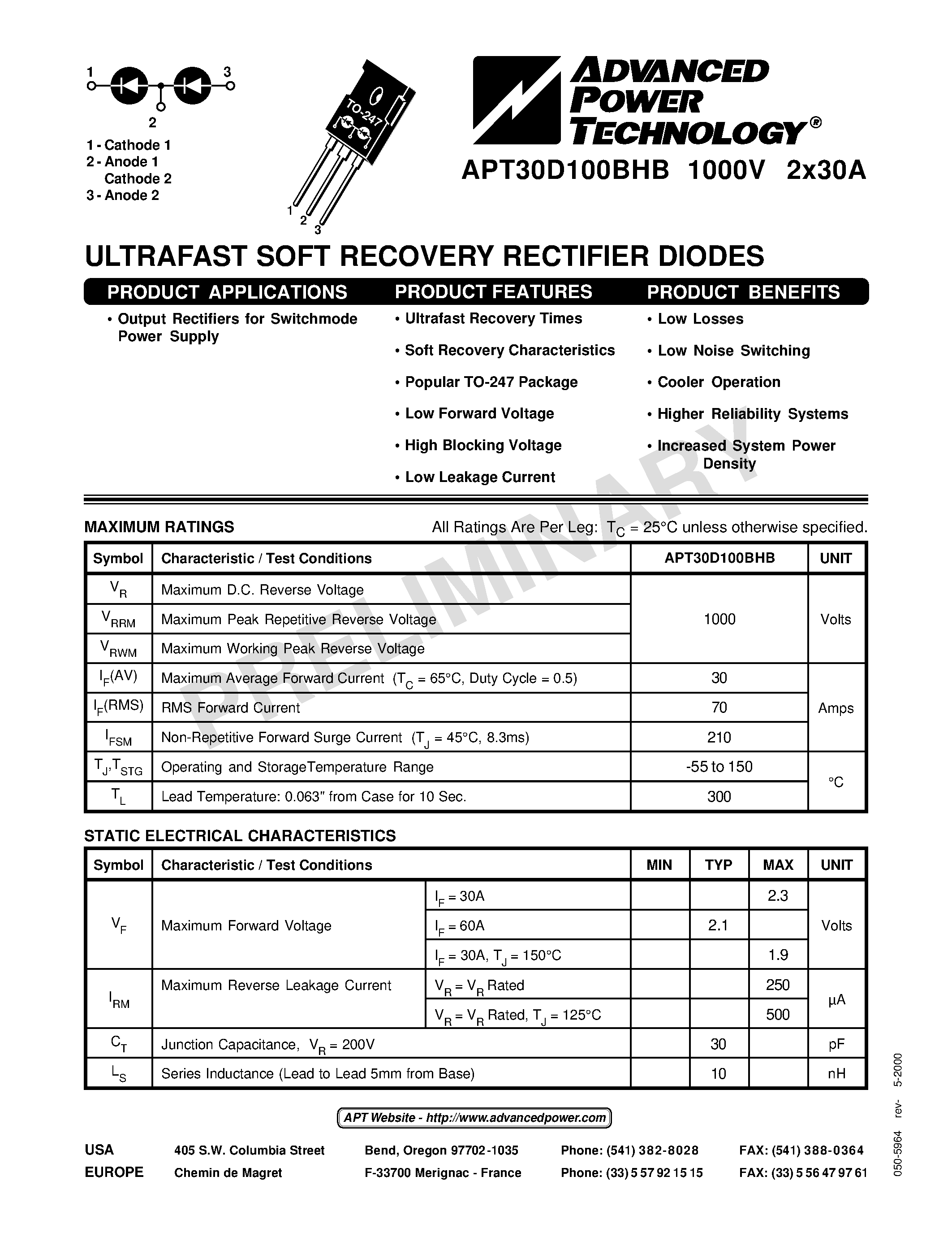Datasheet APT30D100BHB page 1 Datasheet APT30D100BHB - ULTRAFAST SOFT RECOVERY RECTIFIER DIODES page 1