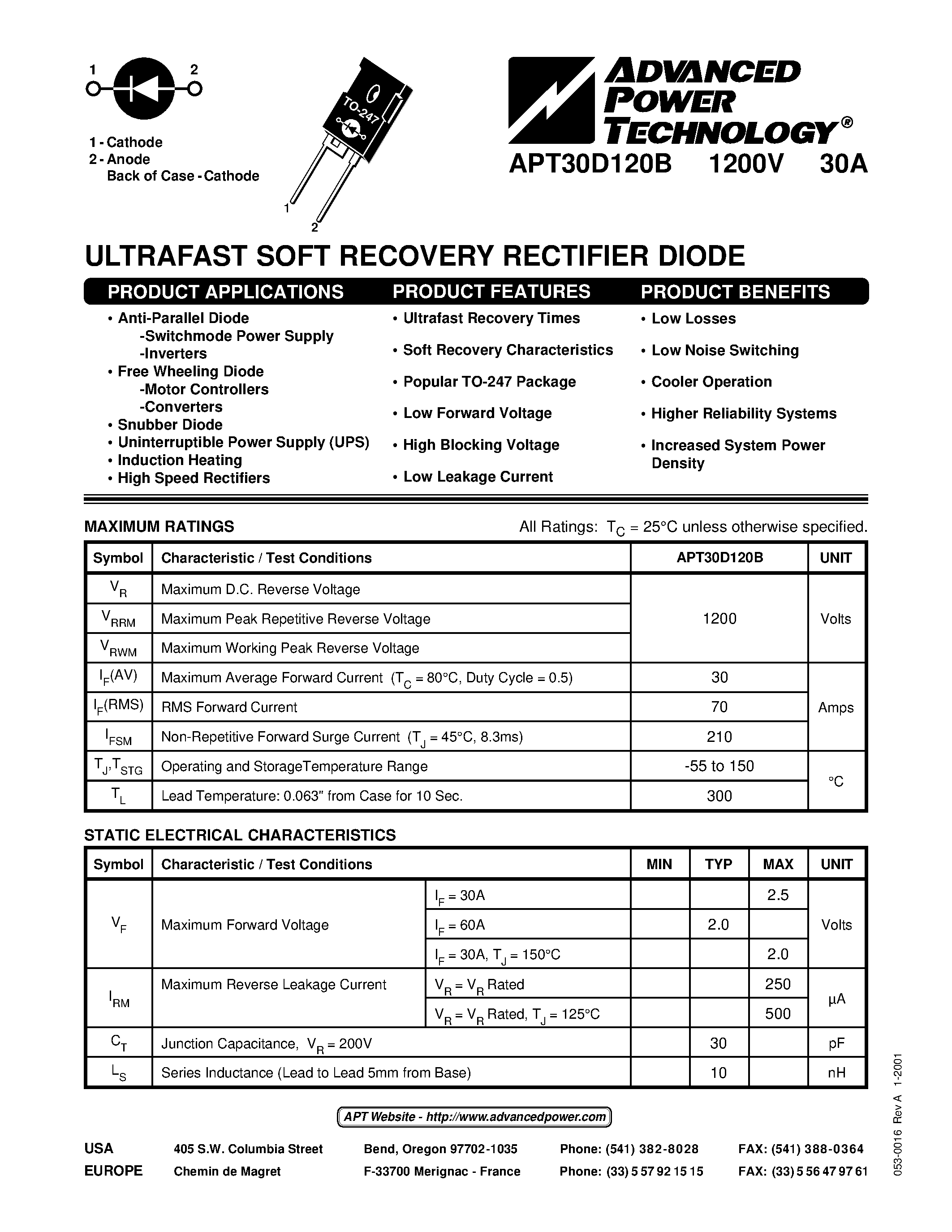 Datasheet APT30D120B page 1 Datasheet APT30D120B - ULTRAFAST SOFT RECOVERY RECTIFIER DIODE page 1