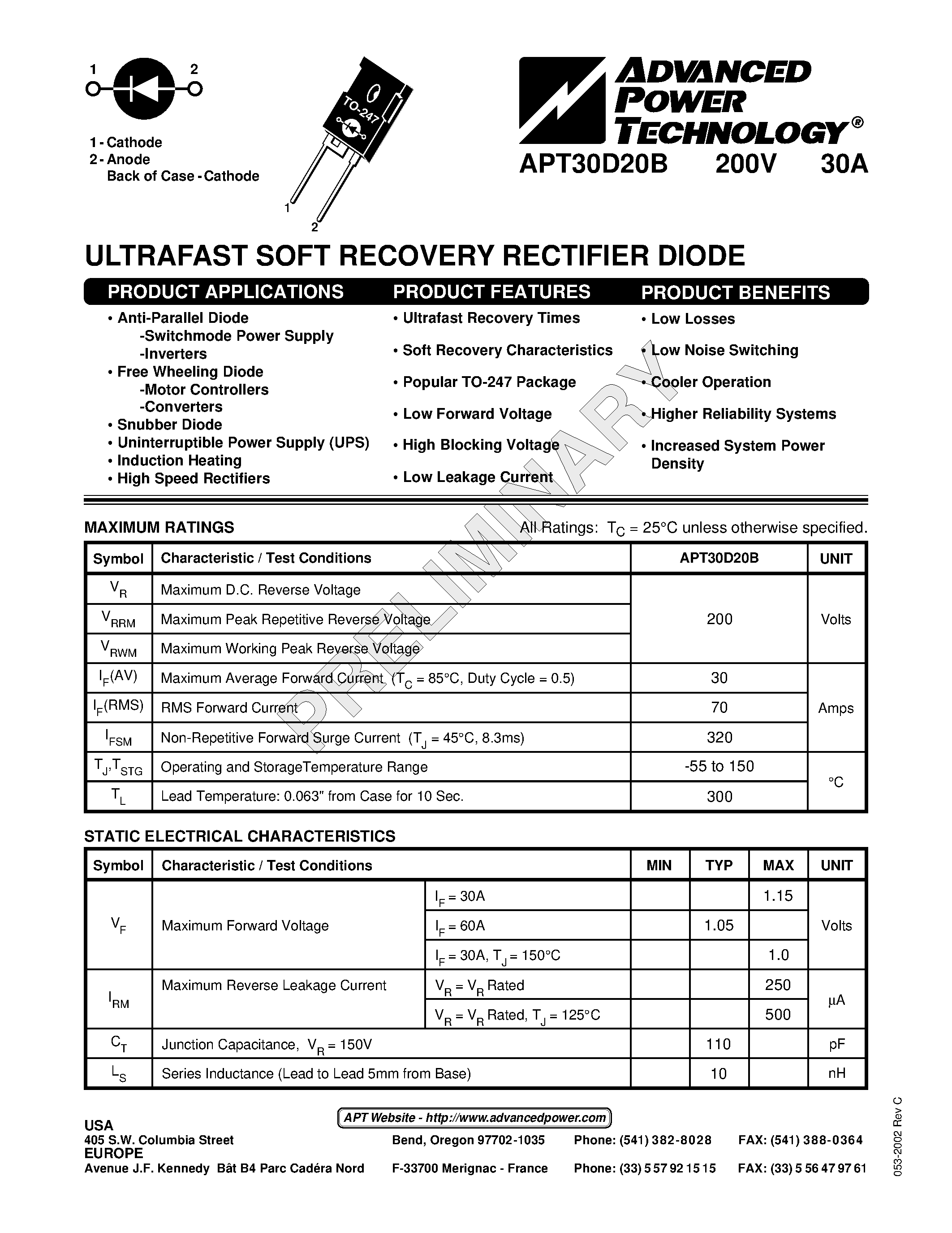 Datasheet APT30D20B page 1 Datasheet APT30D20B - ULTRAFAST SOFT RECOVERY RECTIFIER DIODE page 1