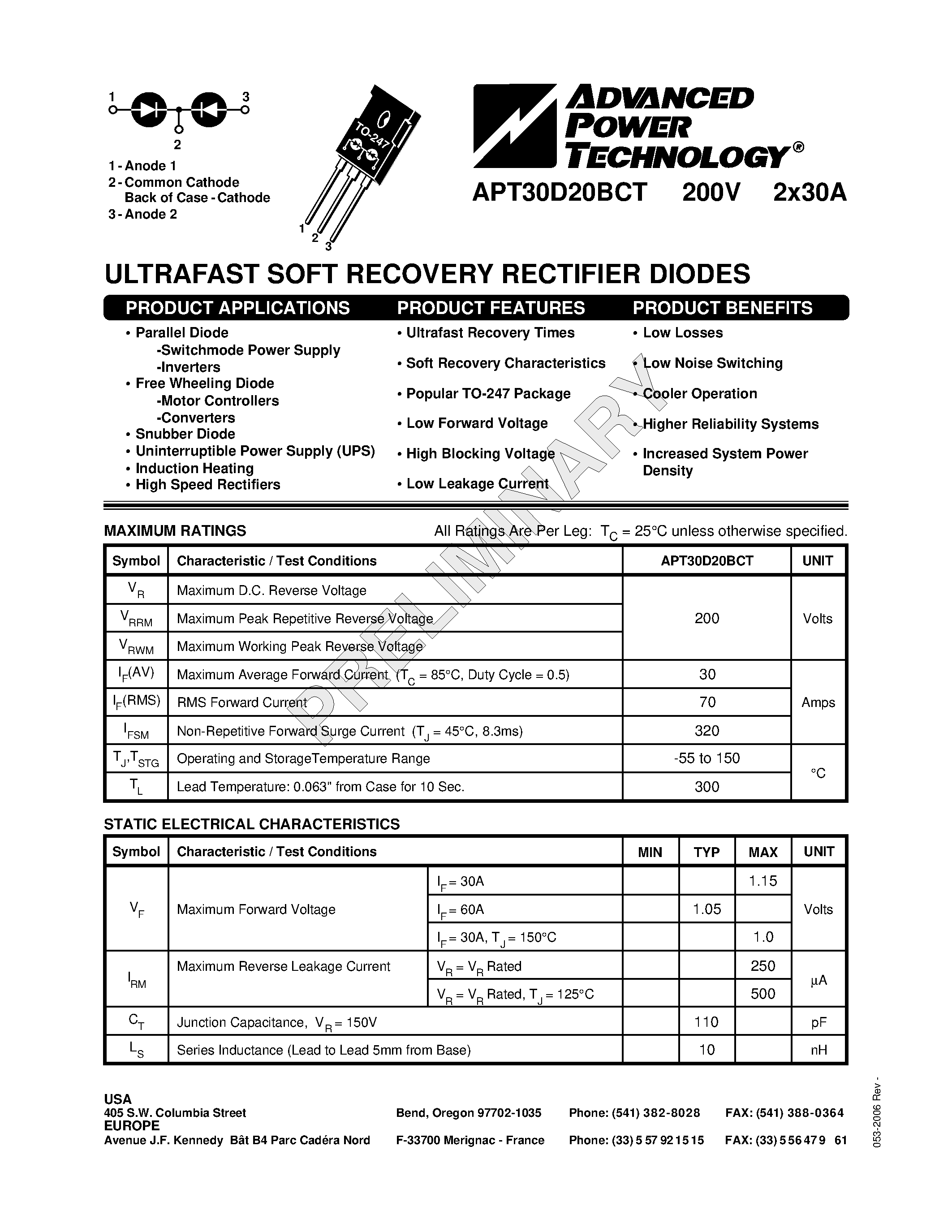 Datasheet APT30D20BCT page 1 Datasheet APT30D20BCT - ULTRAFAST SOFT RECOVERY RECTIFIER DIODES page 1