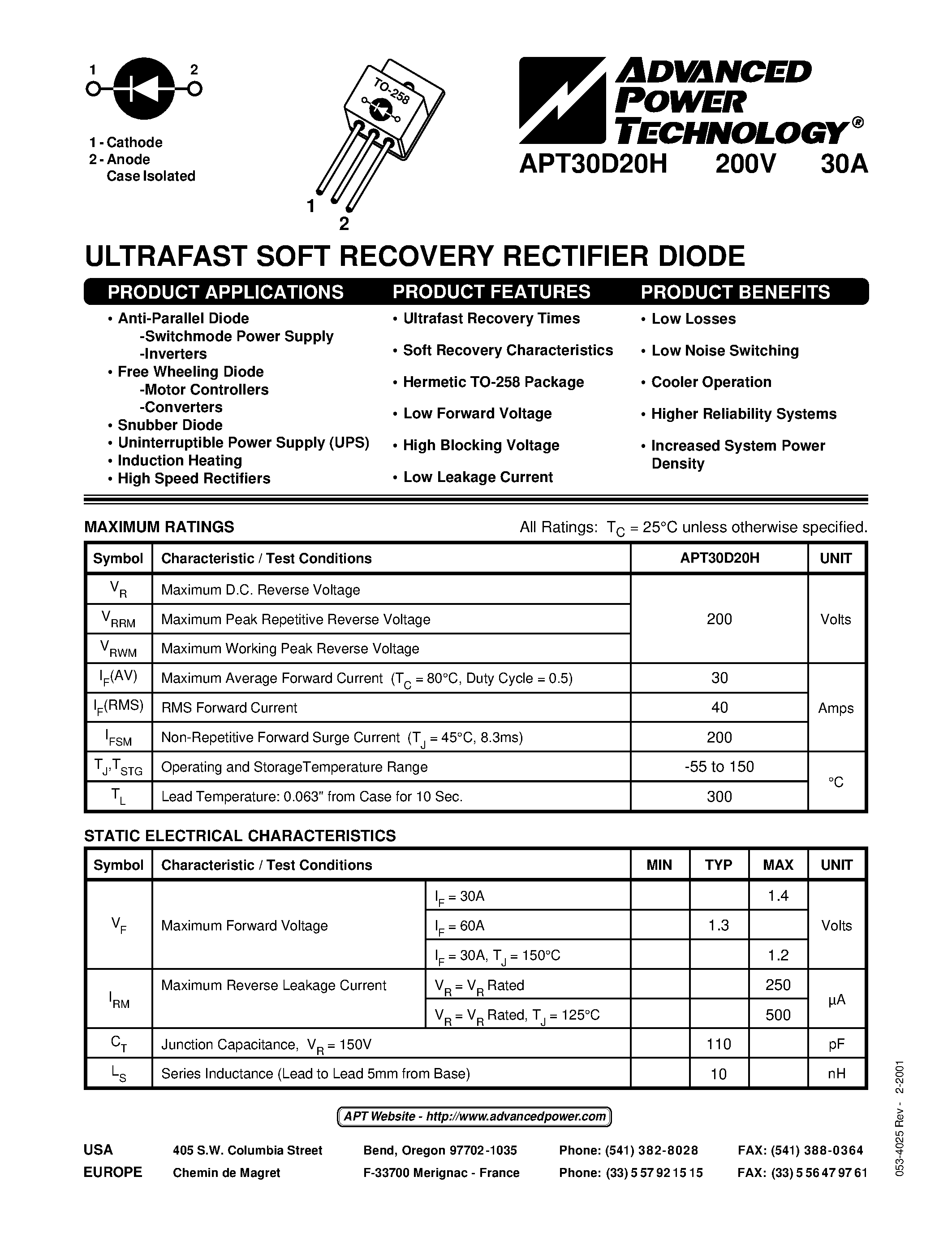 Datasheet APT30D20H page 1 Datasheet APT30D20H - ULTRAFAST SOFT RECOVERY RECTIFIER DIODE page 1