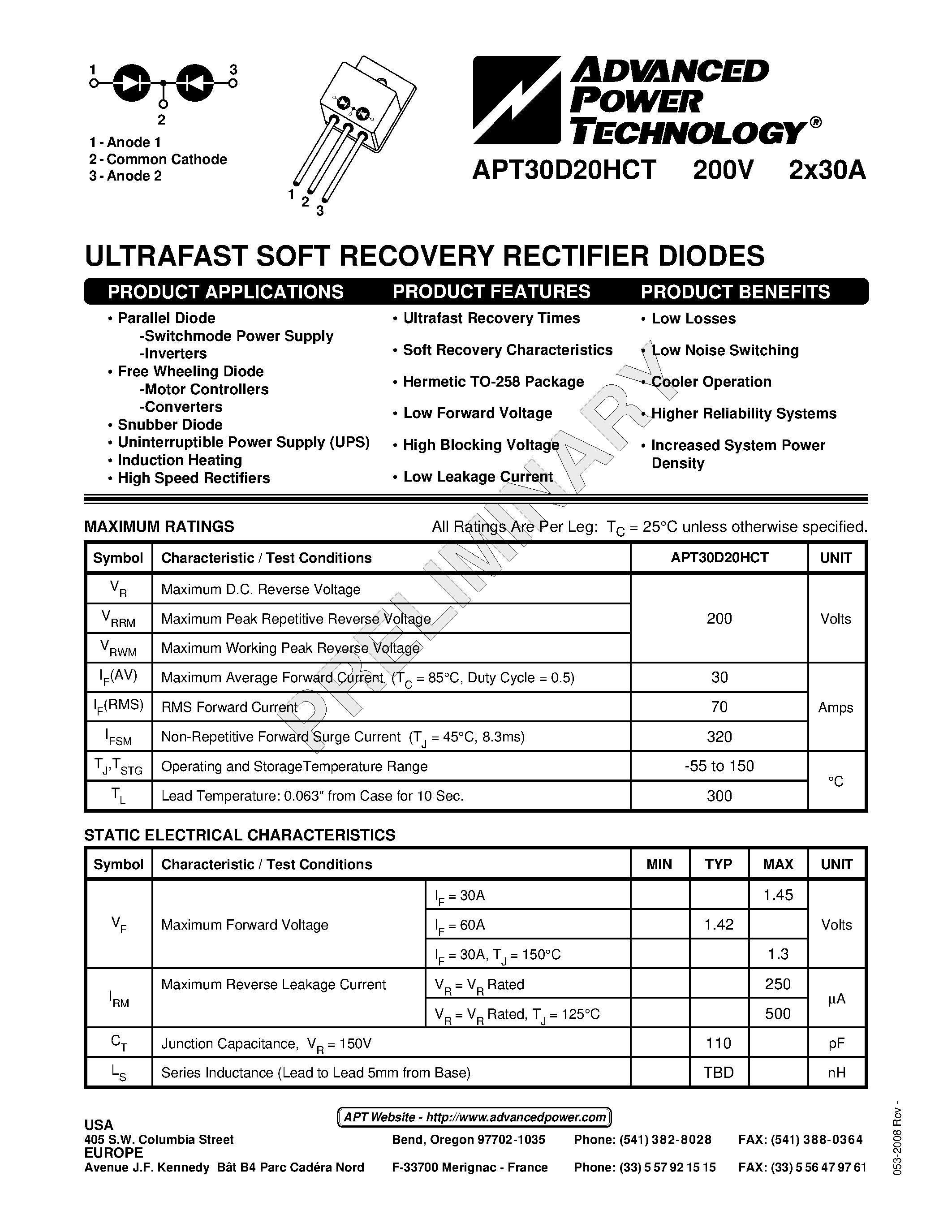 Datasheet APT30D20HCT page 1 Datasheet APT30D20HCT - ULTRAFAST SOFT RECOVERY RECTIFIER DIODES page 1