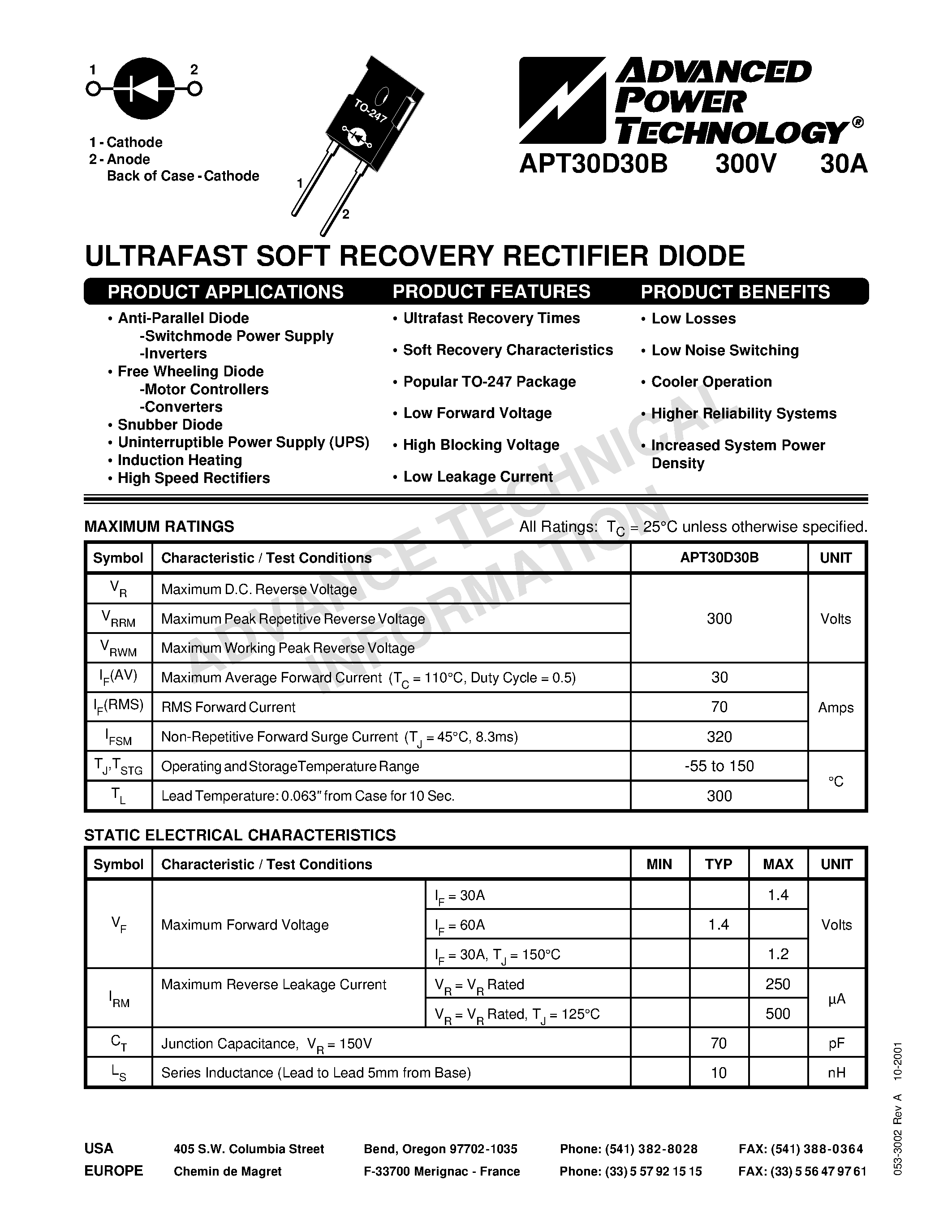 Datasheet APT30D30 - ULTRAFAST SOFT RECOVERY RECTIFIER DIODE page 1