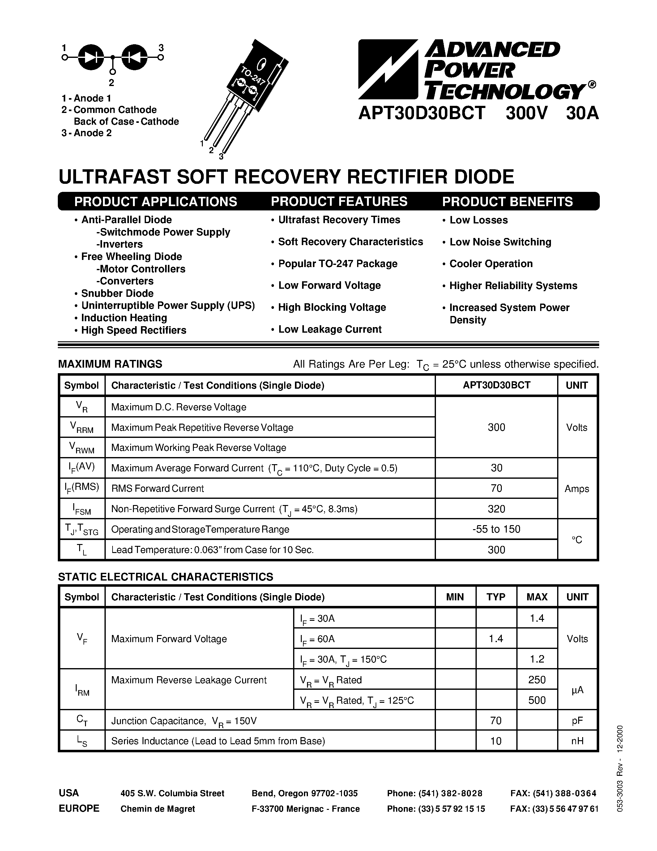 Datasheet APT30D30BCT page 1 Datasheet APT30D30BCT - ULTRAFAST SOFT RECOVERY RECTIFIER DIODE page 1