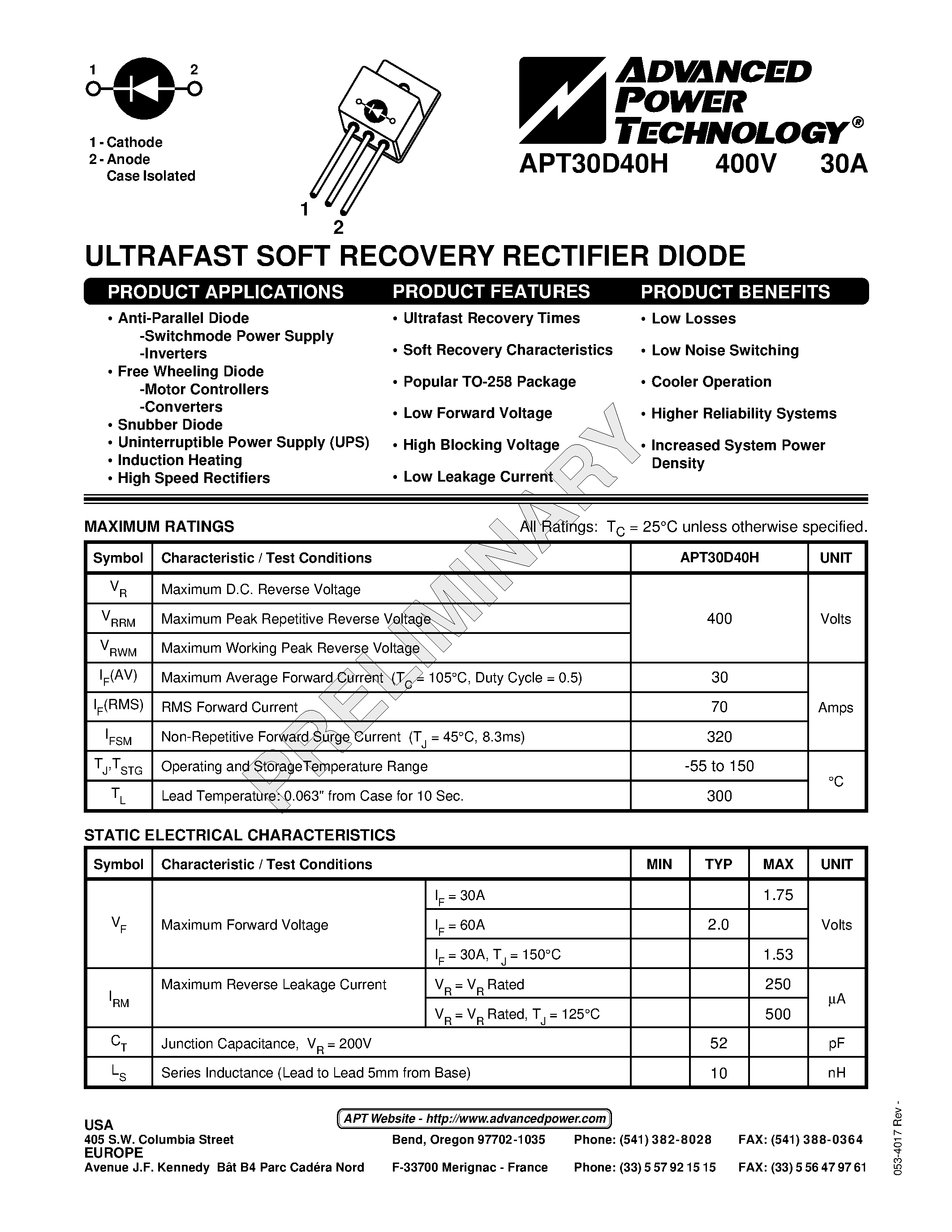Datasheet APT30D40H - ULTRAFAST SOFT RECOVERY RECTIFIER DIODE page 1