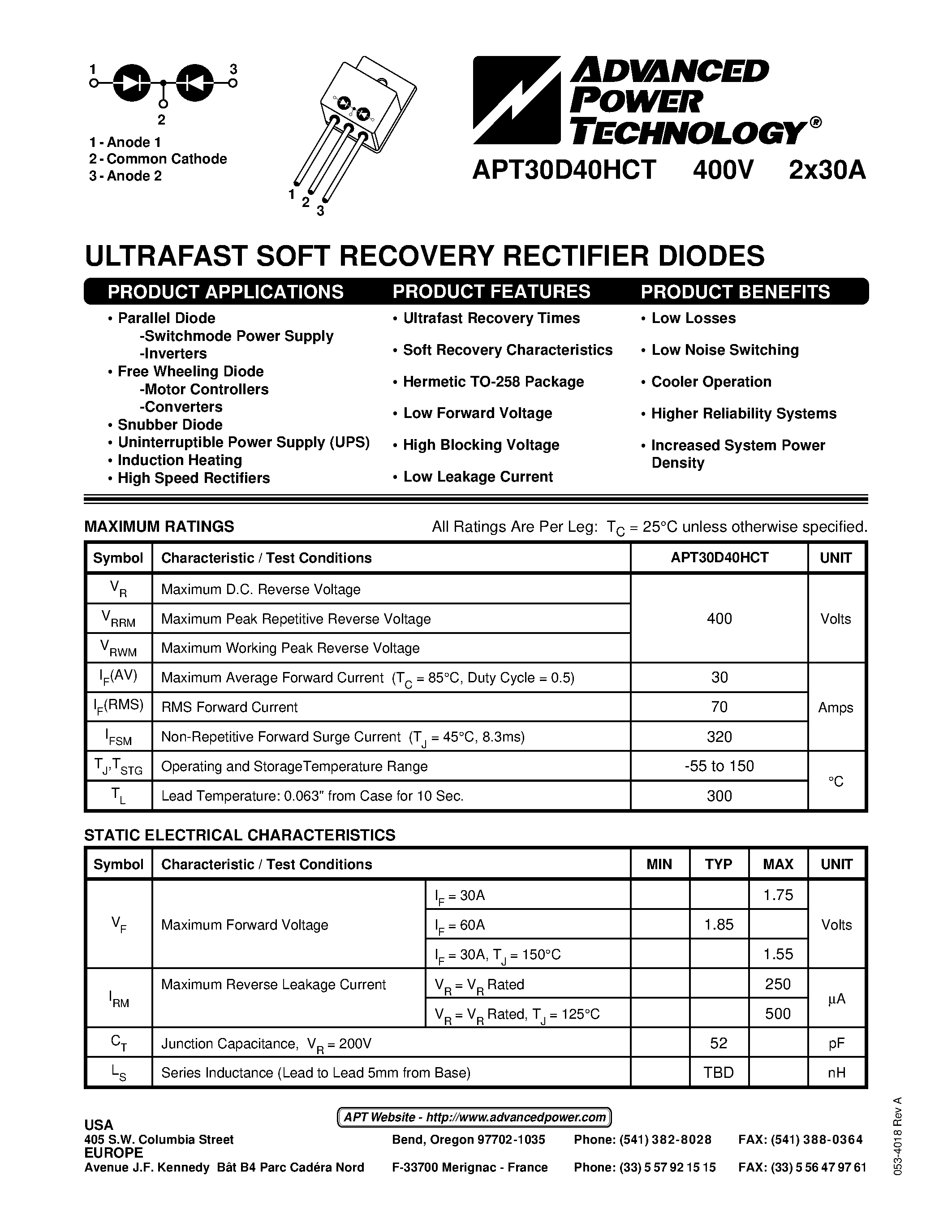 Datasheet APT30D40HCT page 1 Datasheet APT30D40HCT - ULTRAFAST SOFT RECOVERY RECTIFIER DIODES page 1