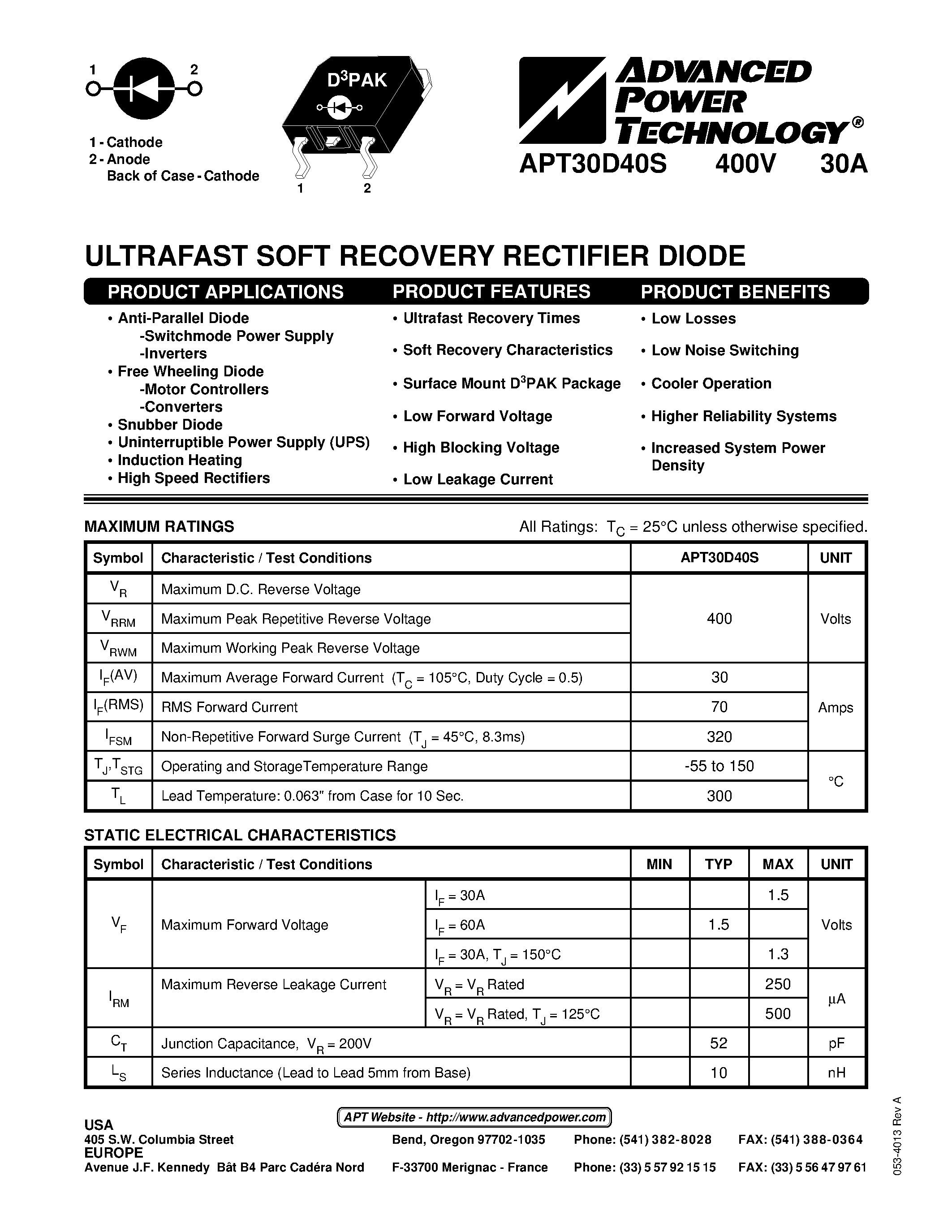 Datasheet APT30D40S - ULTRAFAST SOFT RECOVERY RECTIFIER DIODE page 1