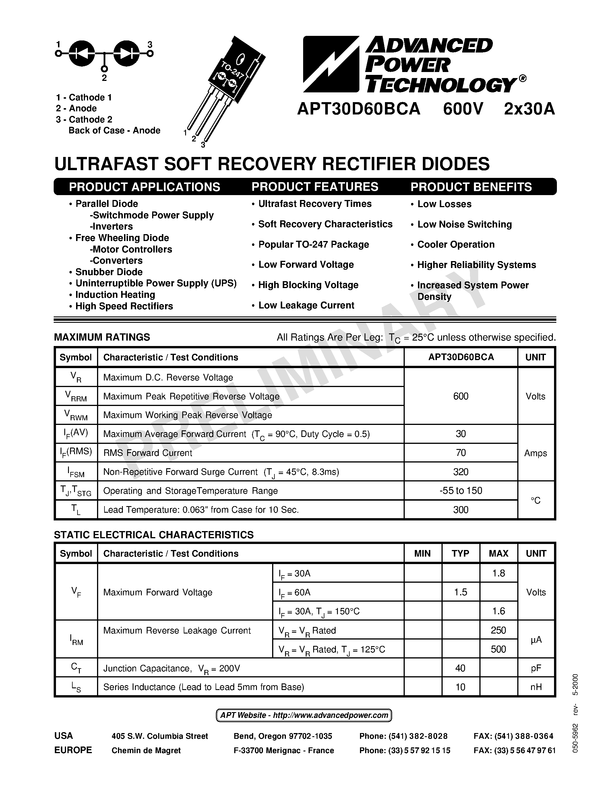 Datasheet APT30D60BCA - ULTRAFAST SOFT RECOVERY RECTIFIER DIODES page 1