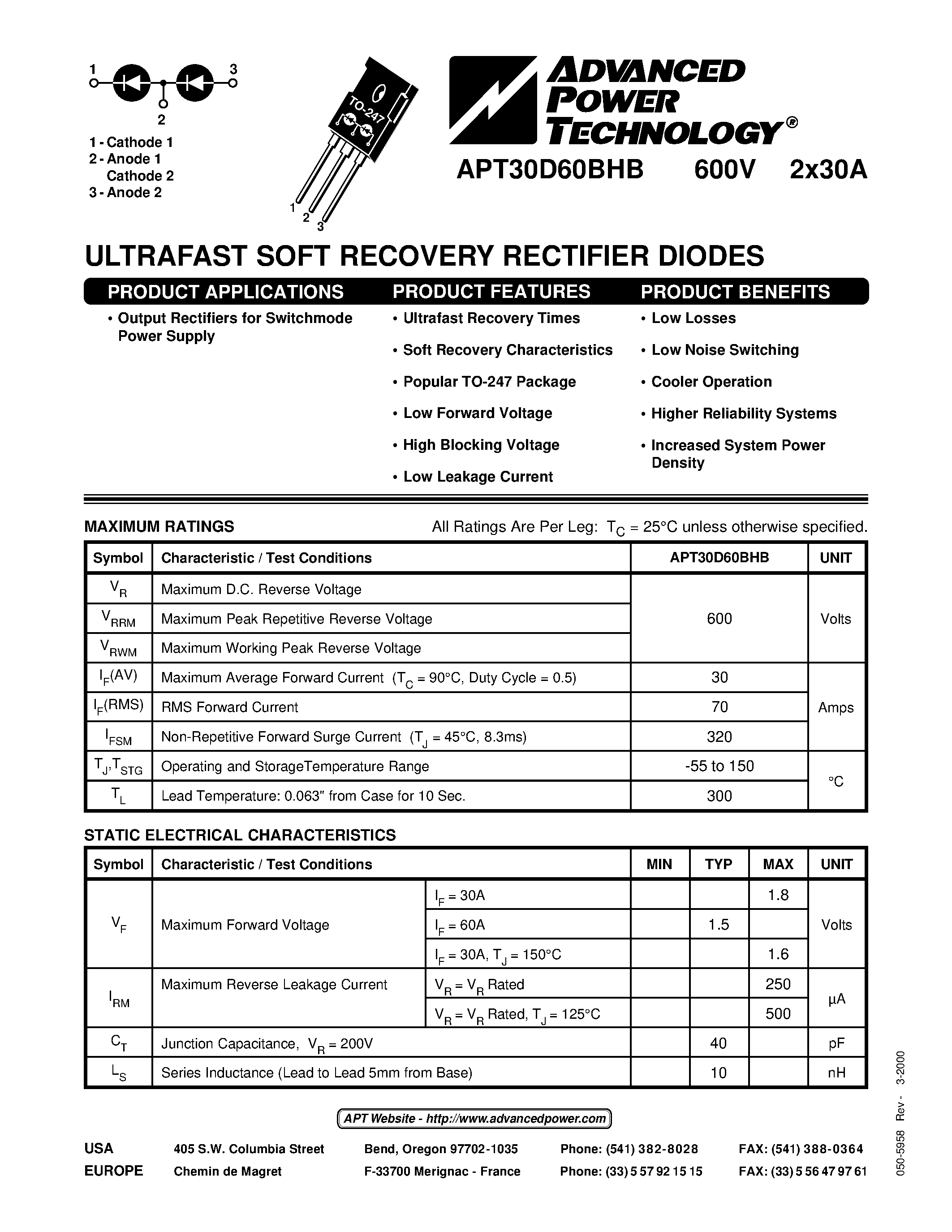 Datasheet APT30D60BHB page 1 Datasheet APT30D60BHB - ULTRAFAST SOFT RECOVERY RECTIFIER DIODES page 1